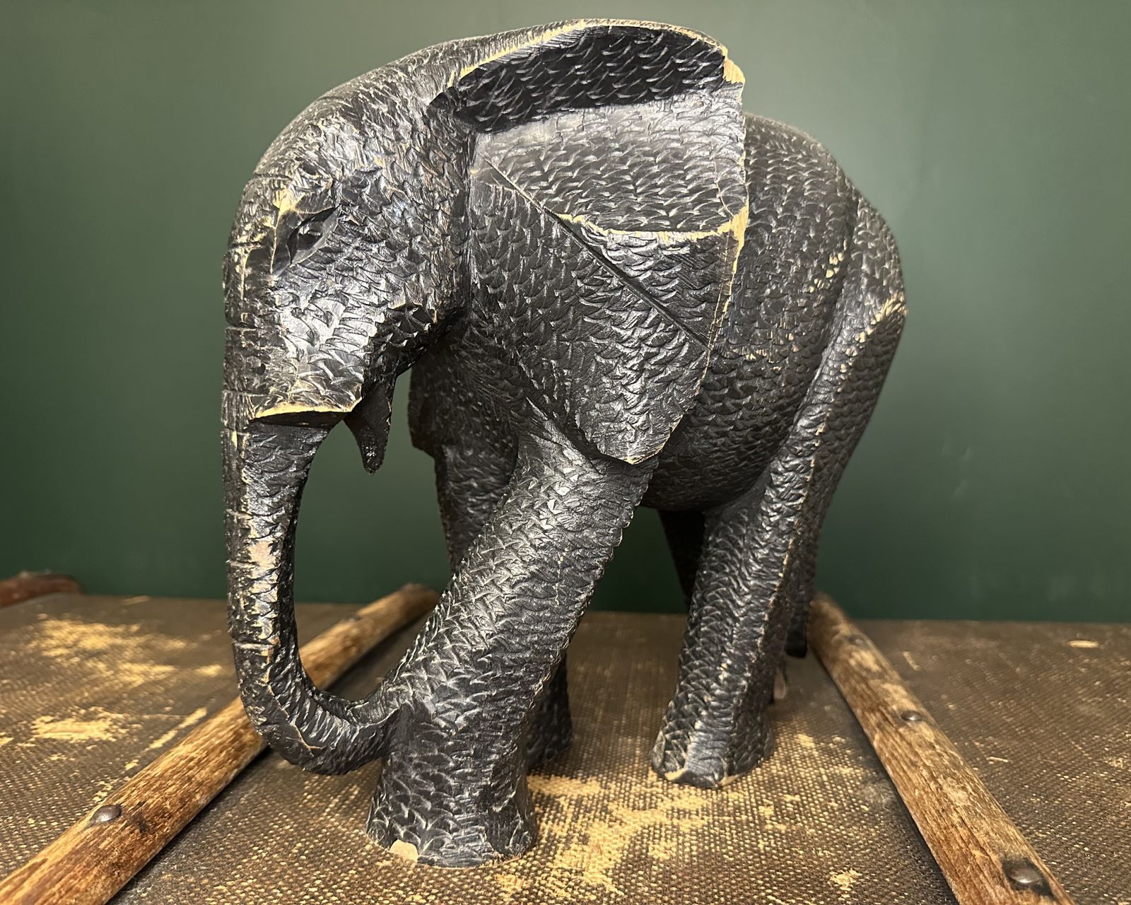Vintage Heavy Wood Elephant Statue Hand Carved Texture photo buy