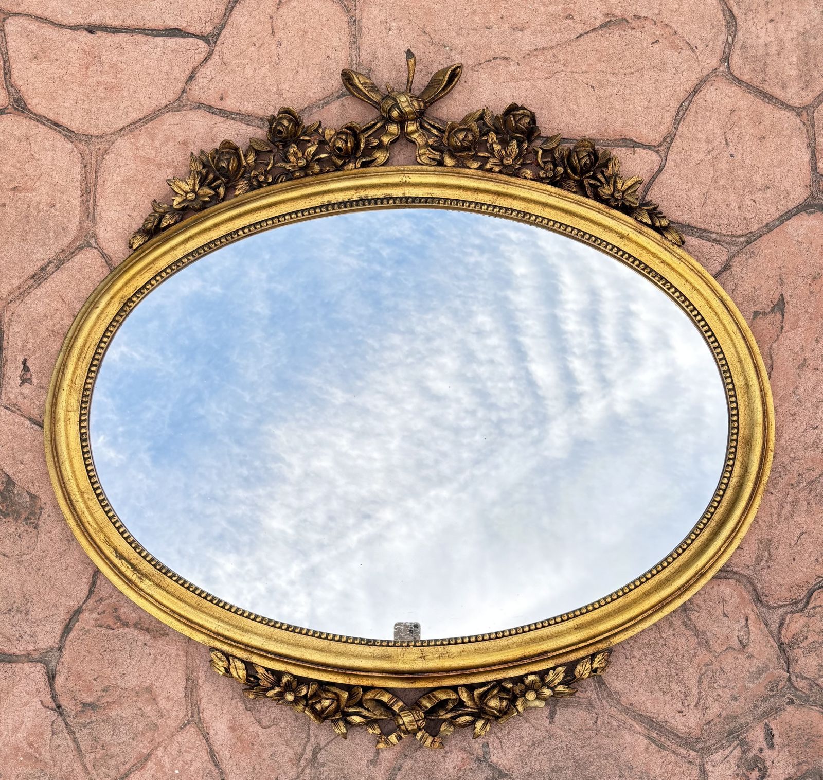 Oval Wall Mirror With Gold Frame And Floral Decoration In Louis XVI Style, Circa 1940 photo buy