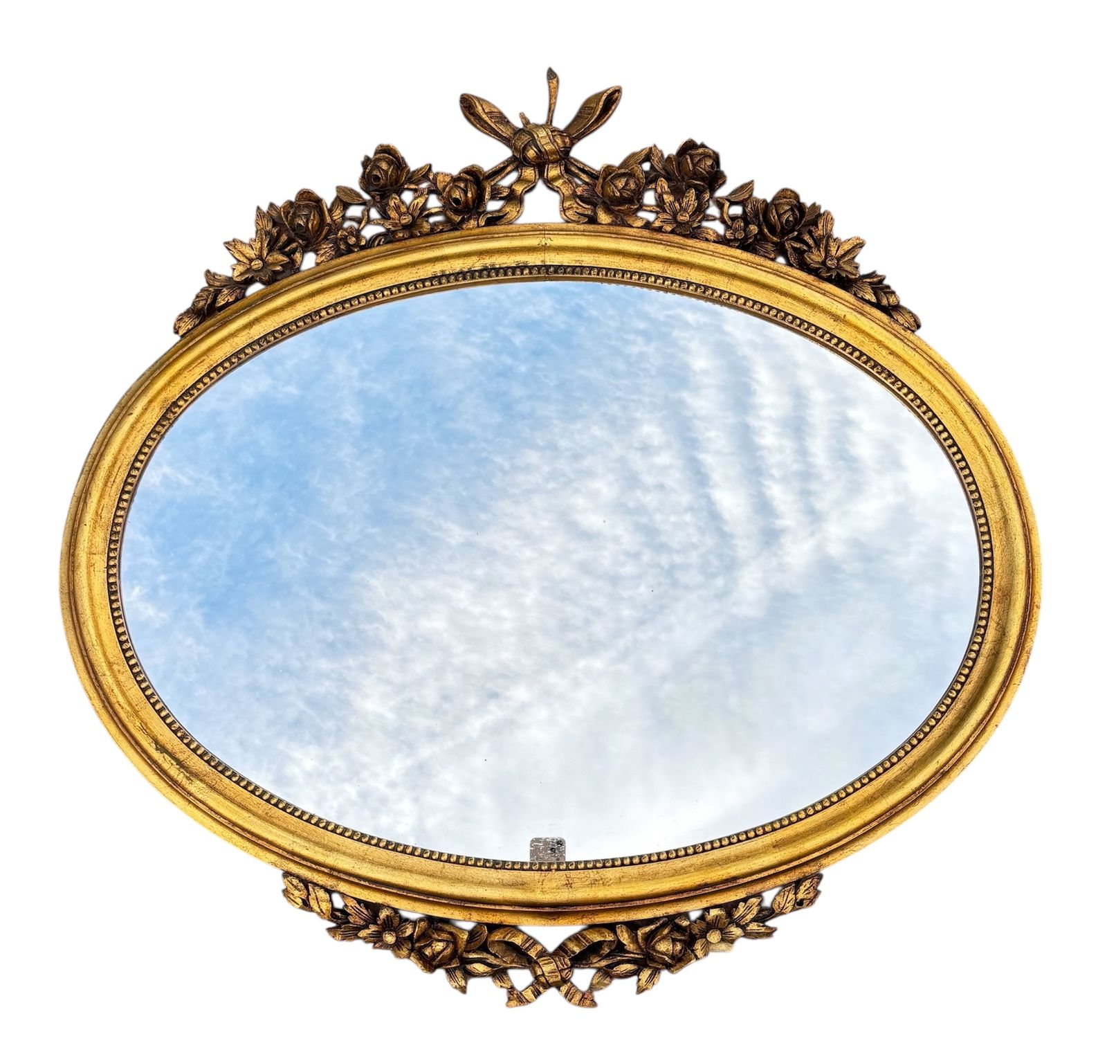 Oval Wall Mirror With Gold Frame And Floral Decoration In Louis XVI Style, Circa 1940