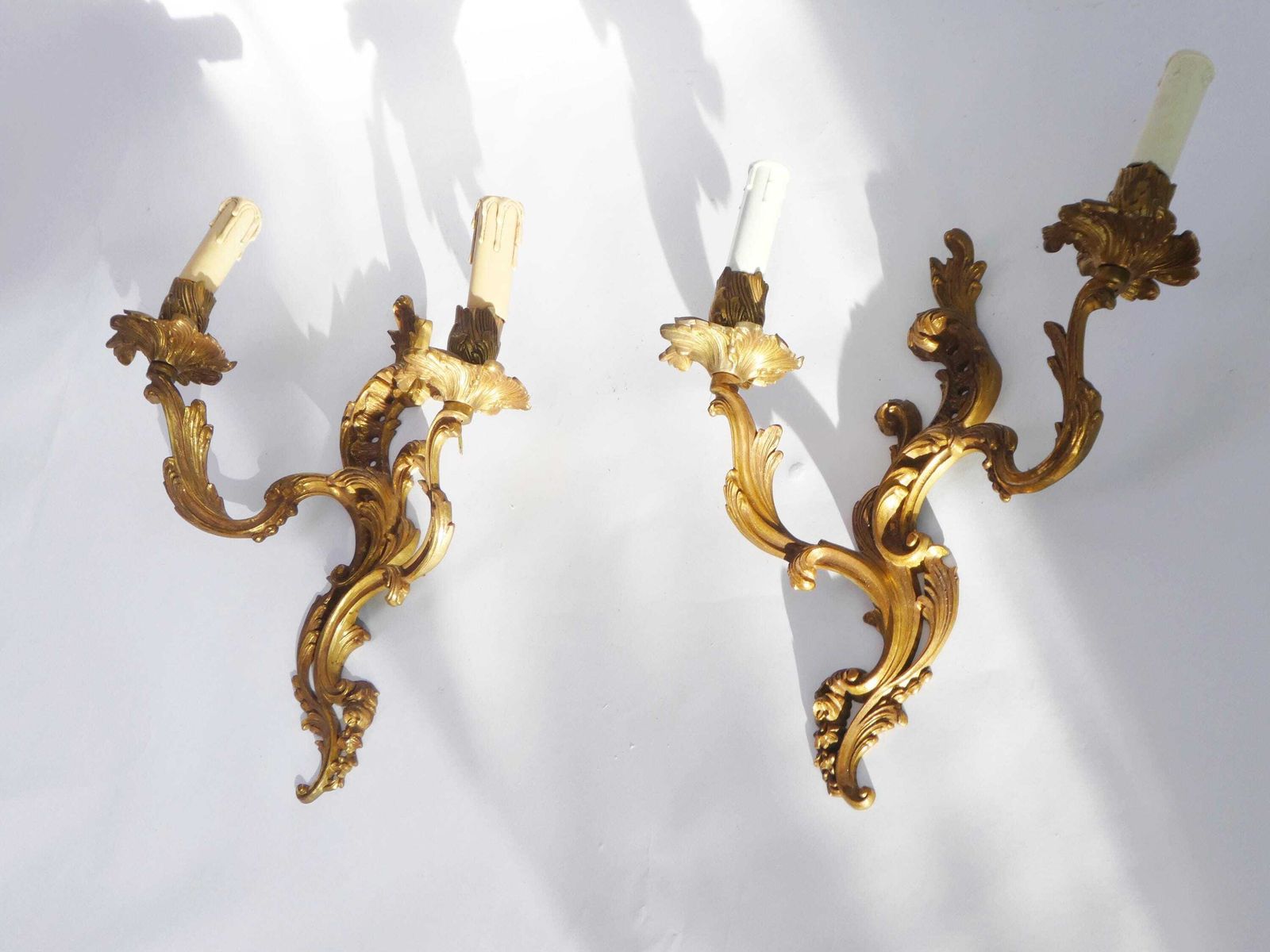 Antique French Pair Of Wall Lamps, Large Rococo Brass Wall Sconces, Pair Of Golden Appliqués