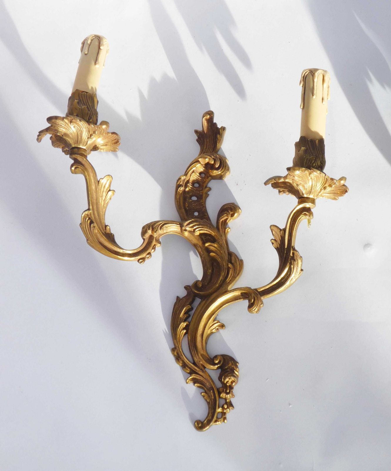 photo furniture Antique French Pair Of Wall Lamps, Large Rococo Brass Wall Sconces, Pair Of Golden Appliqués