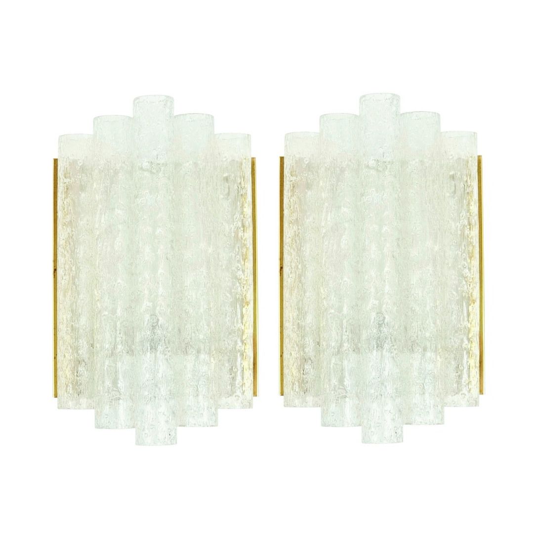 Pair Of Mid Century Modern Ice Glass Wall Lights From Doria, Germany, 1960s