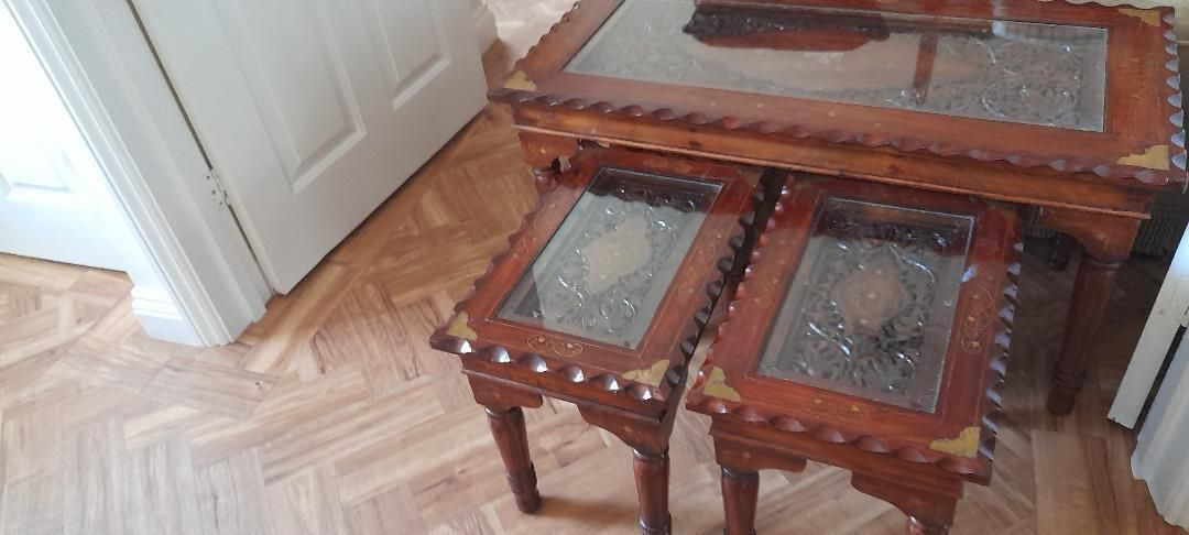 Long John Coffee + 2 Side Tables Nest Carved Indian Inlaid Cherrywood Glass photo furniture