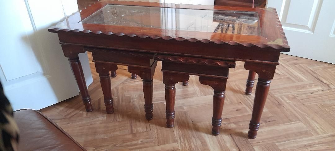 Long John Coffee + 2 Side Tables Nest Carved Indian Inlaid Cherrywood Glass photo for sale