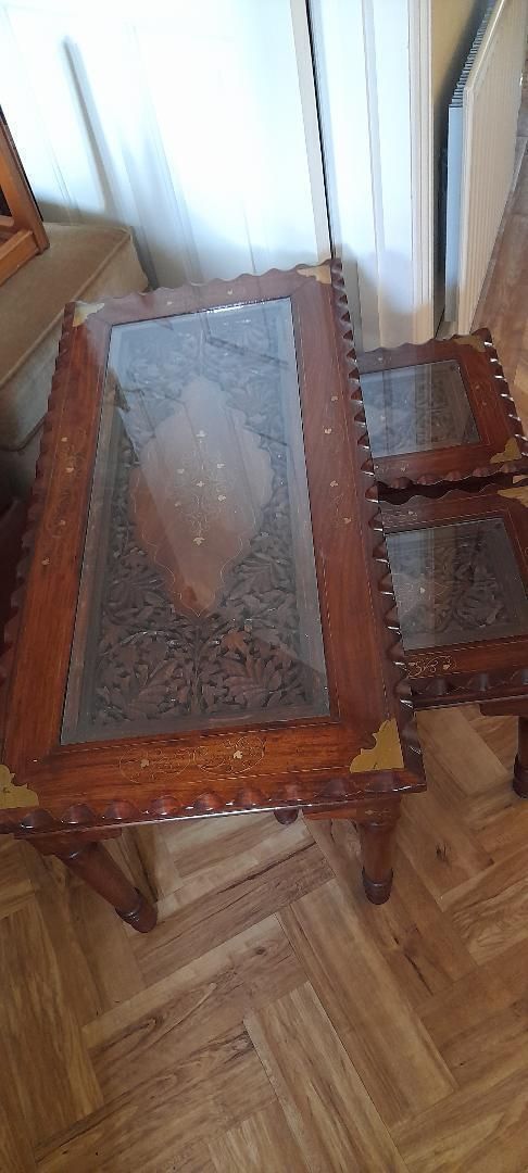 Long John Coffee + 2 Side Tables Nest Carved Indian Inlaid Cherrywood Glass photo vinterior