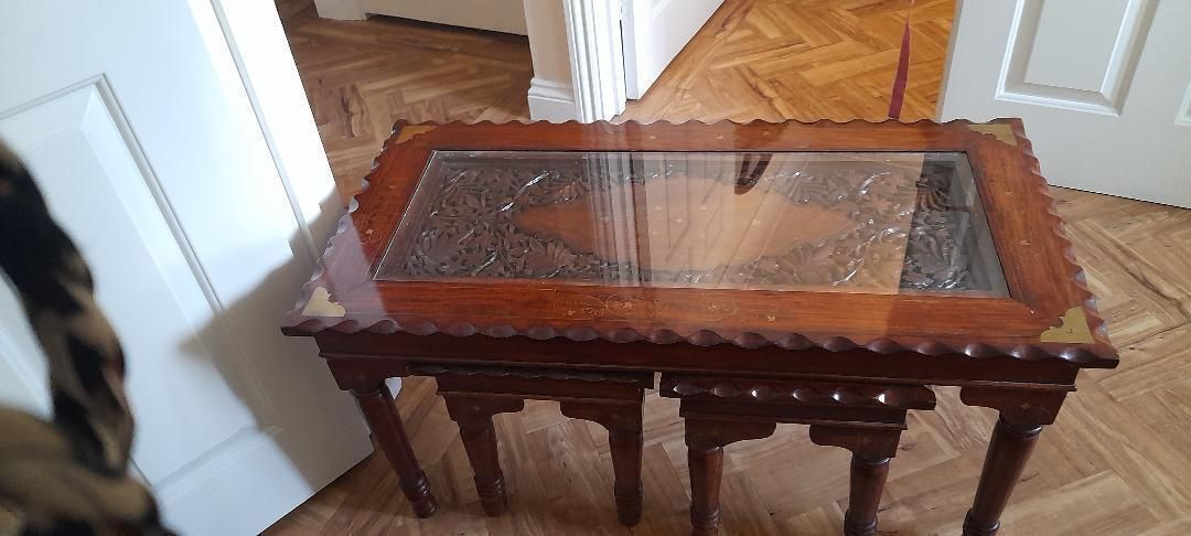 Long John Coffee + 2 Side Tables Nest Carved Indian Inlaid Cherrywood Glass