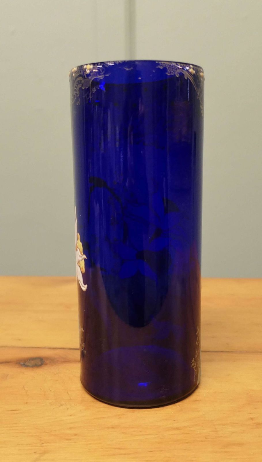 A Stunning Cobalt Blue Enamelled Vase With Daffodils photo for sale