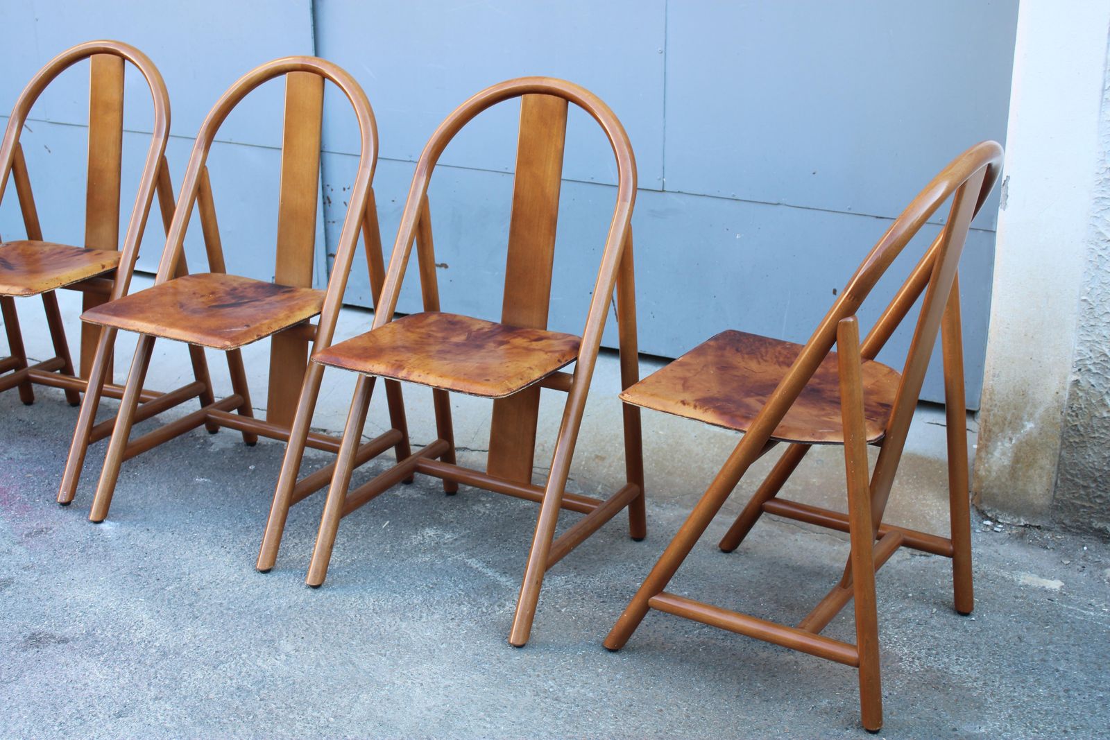 Furniture Walnut Chairs With Calfskin Seat, Modernist Style, 1970s Italy photo