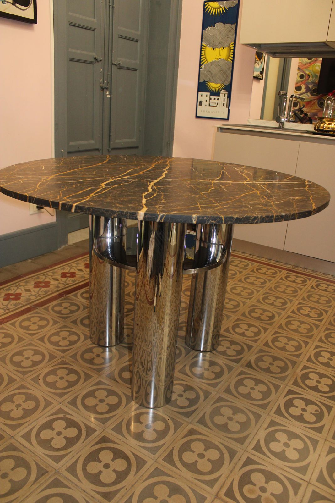 photo furniture Dining Table With Steel Leg And Portoro Marble Top, 1970s Italy