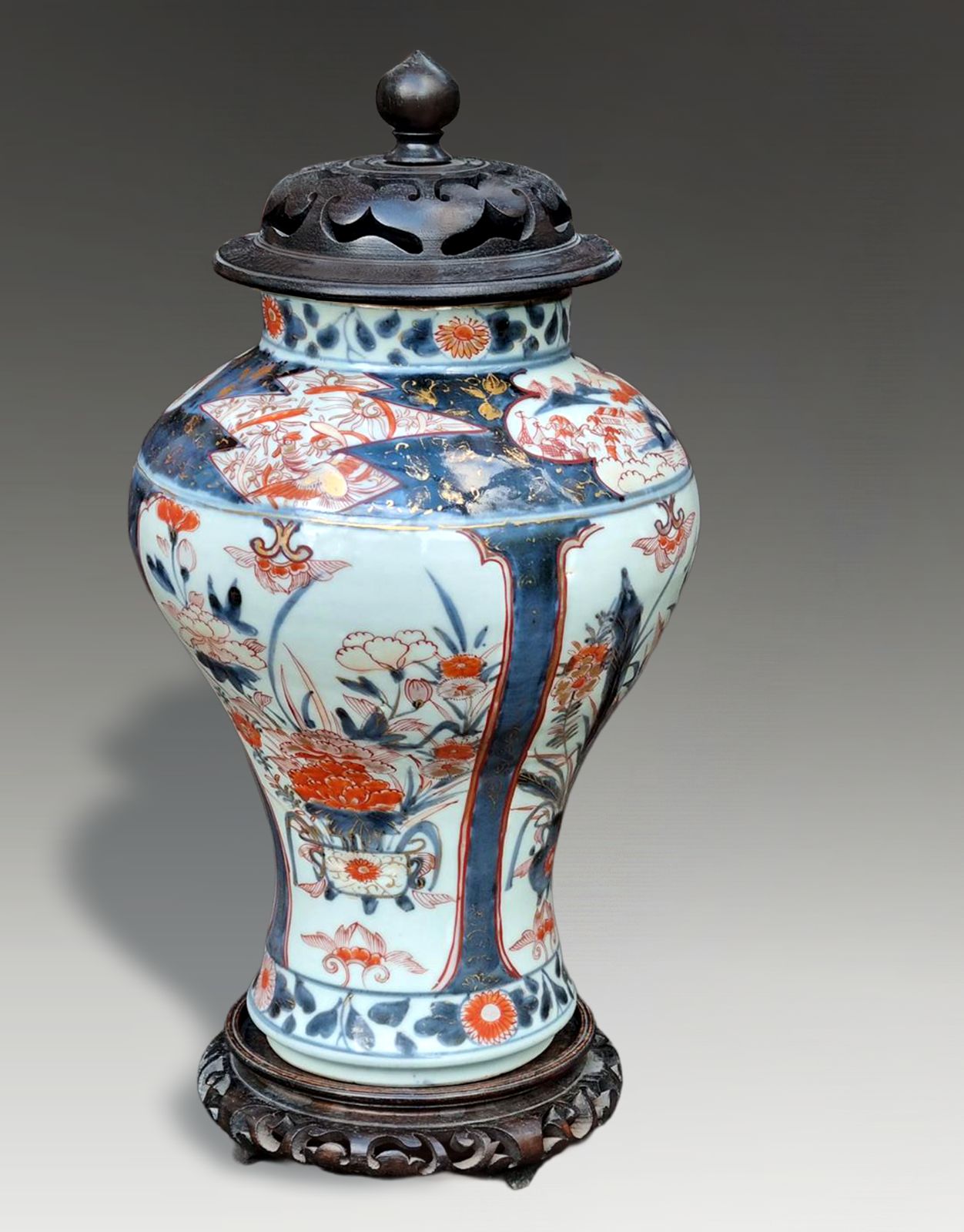 Japanese Early Edo Arita Imari Lidded Vase. Rare Shape C1700 42cm W/Stand H. photo furniture