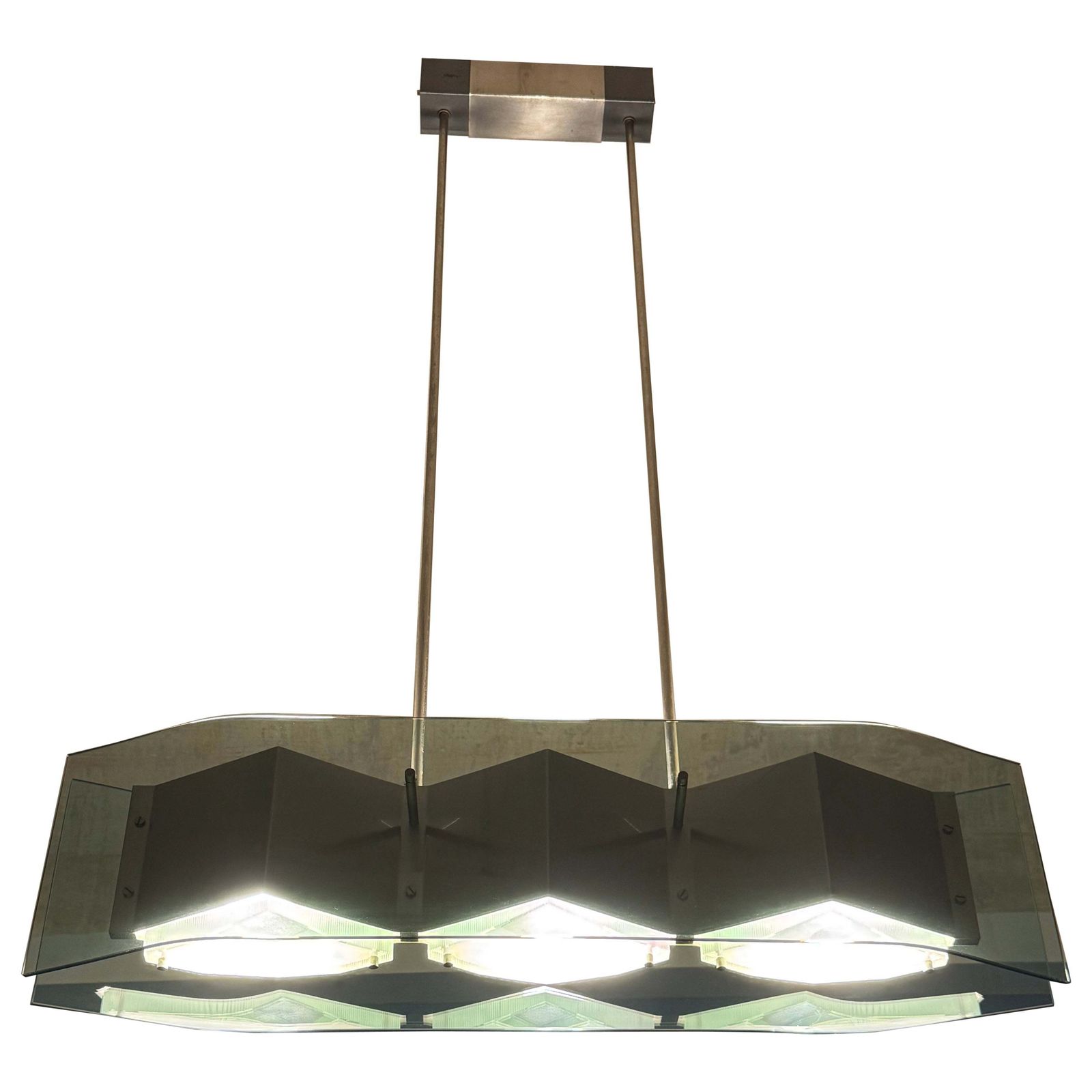 Stilnovo Modernist Chandelier In Steel And Glass Lenses, Italy, 1950s