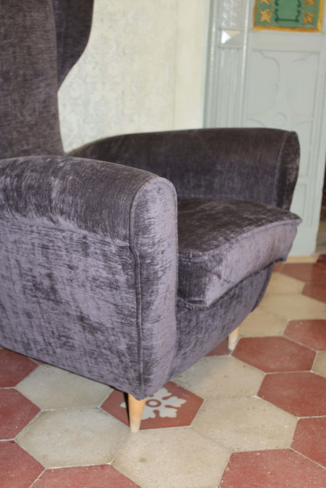 Italian Wingback Armchair By Paolo Buffa, 1950, Grey Velvet, Wooden Legs. photo 4812.0
