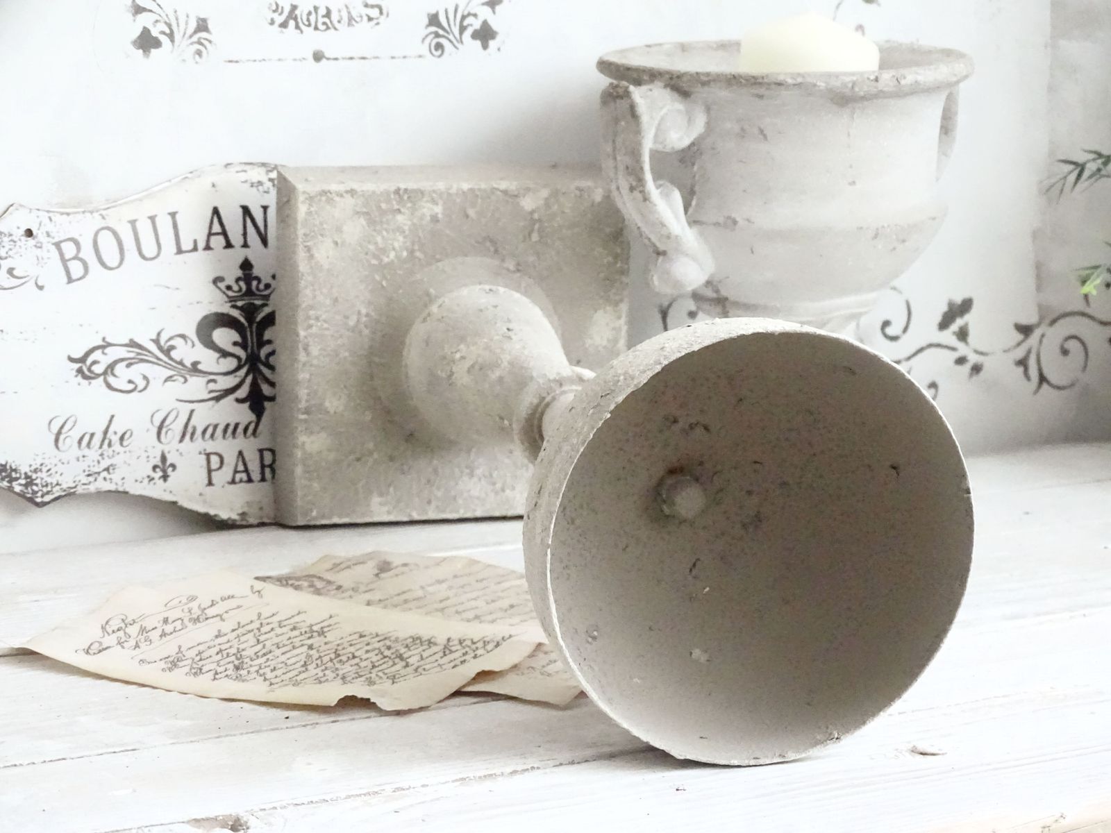 Tall Metal Urn Vase Stone Effect, Gray Distressed Trophy Cup, Shabby Chic Planter, Pedestal Plant Pot photo vinterior
