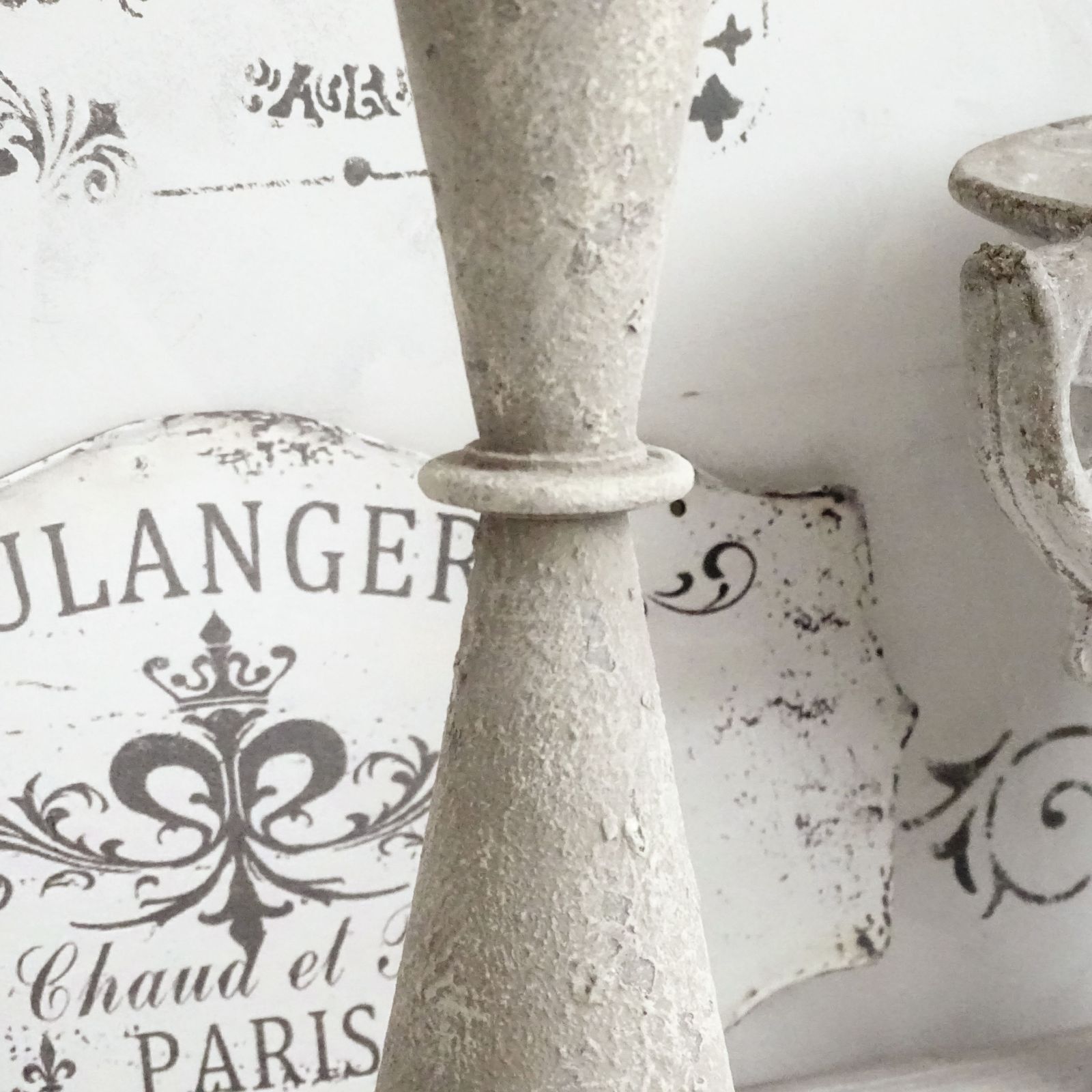 photo for sale Tall Metal Urn Vase Stone Effect, Gray Distressed Trophy Cup, Shabby Chic Planter, Pedestal Plant Pot