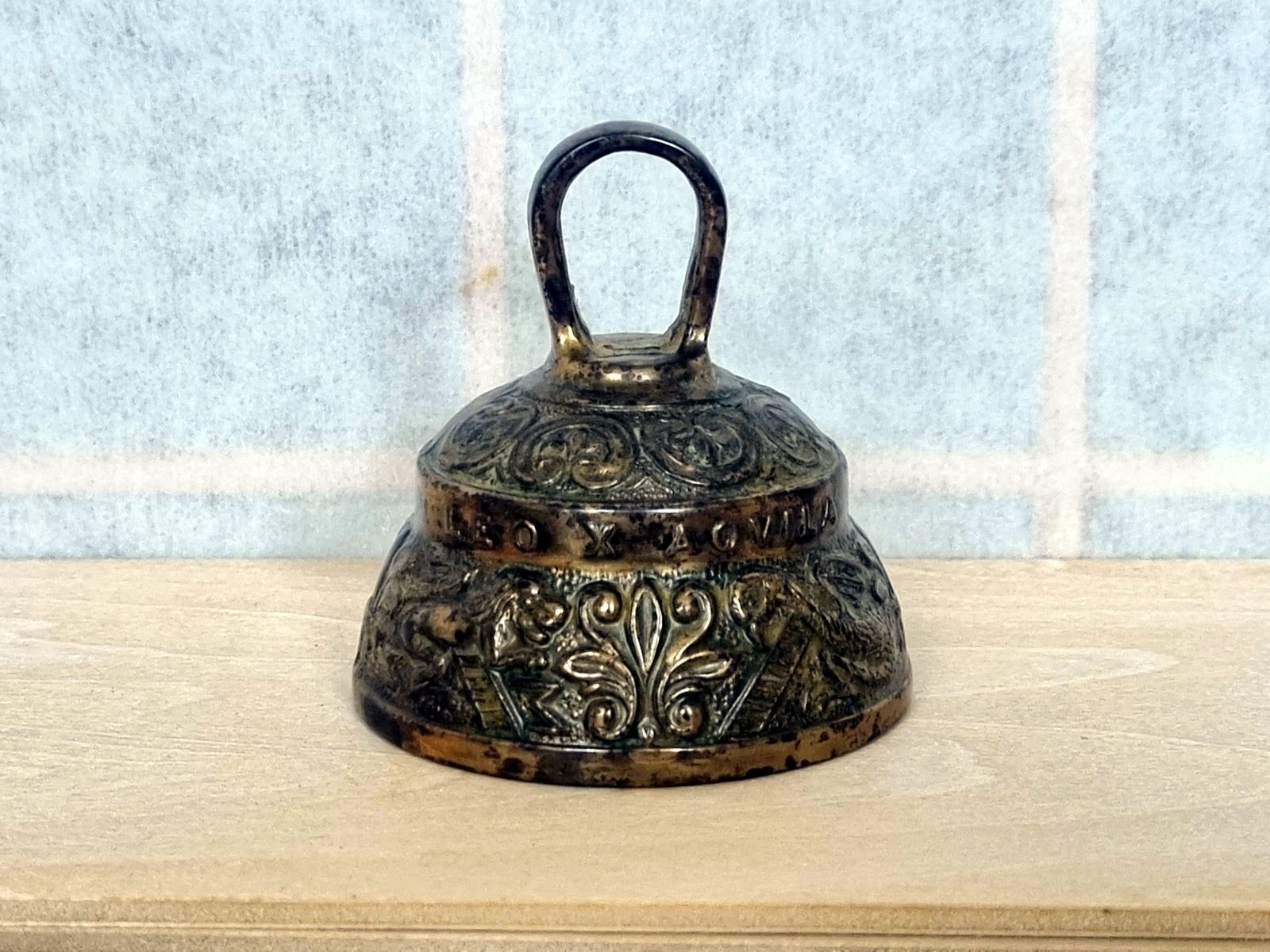 Antique Brass Church Bell, Sanctuary Altar Hand Bell, Latin Motto Relief, 1930s, Tarnished Patina photo Home Decor
