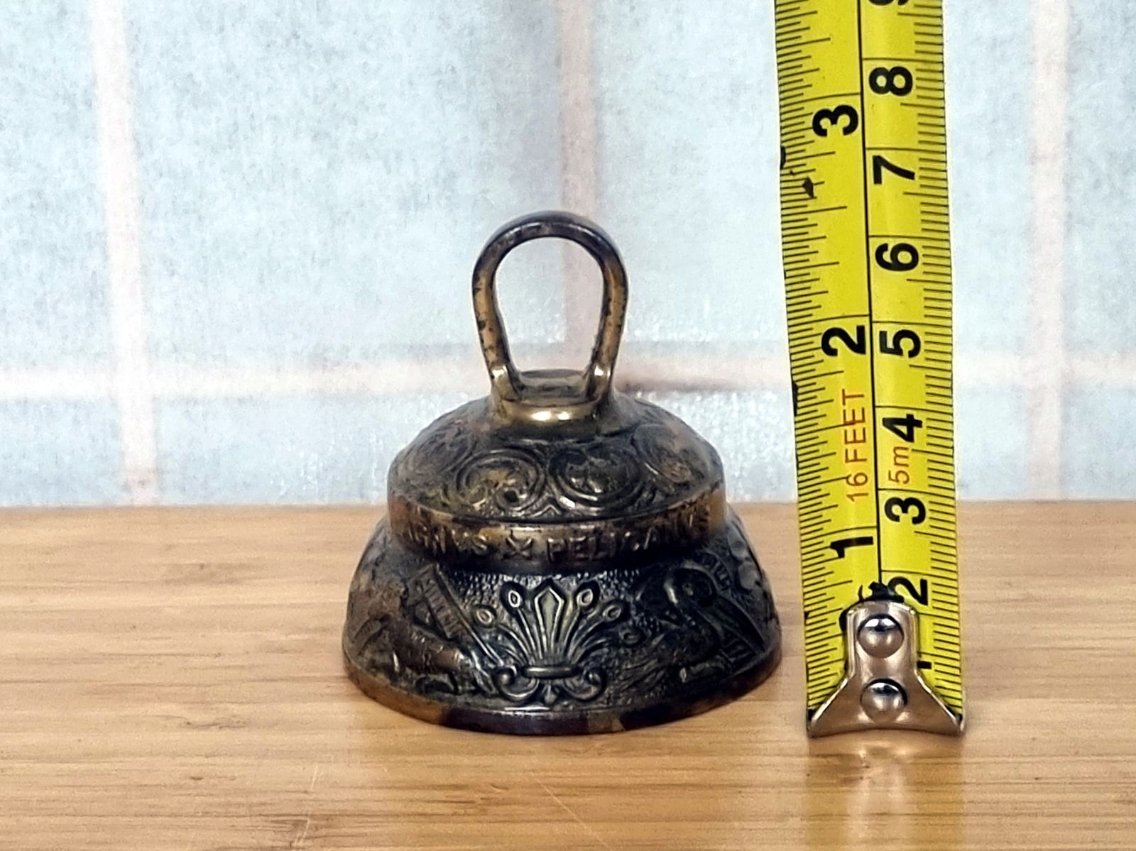 Antique Brass Church Bell, Sanctuary Altar Hand Bell, Latin Motto Relief, 1930s, Tarnished Patina photo buy