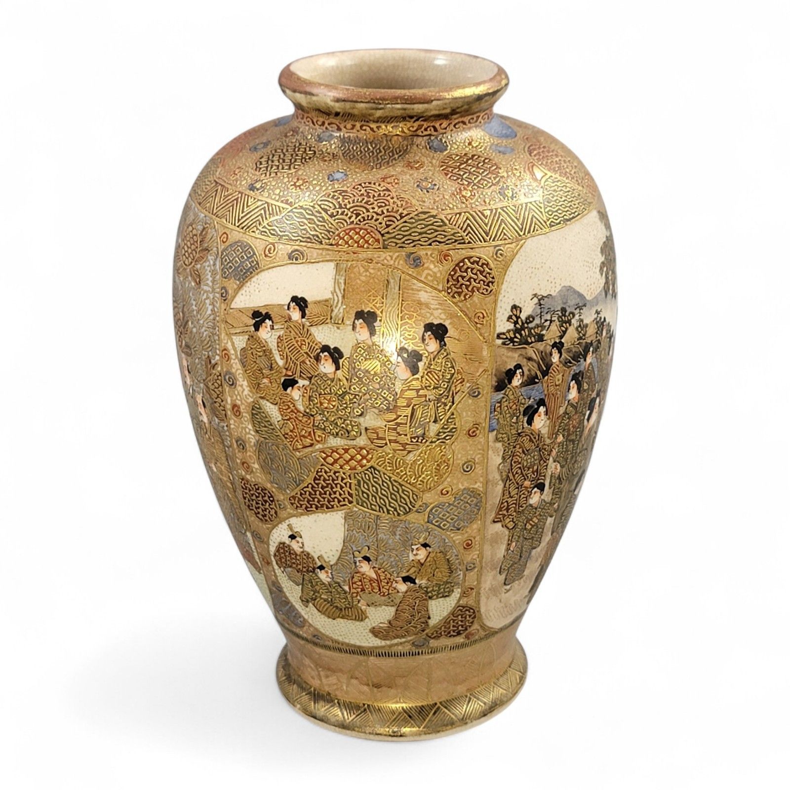 Antique Japanese Satsuma Vase With Gilt Moriage Court Figures By Gyokuzan, Meiji Era photo Home Decor