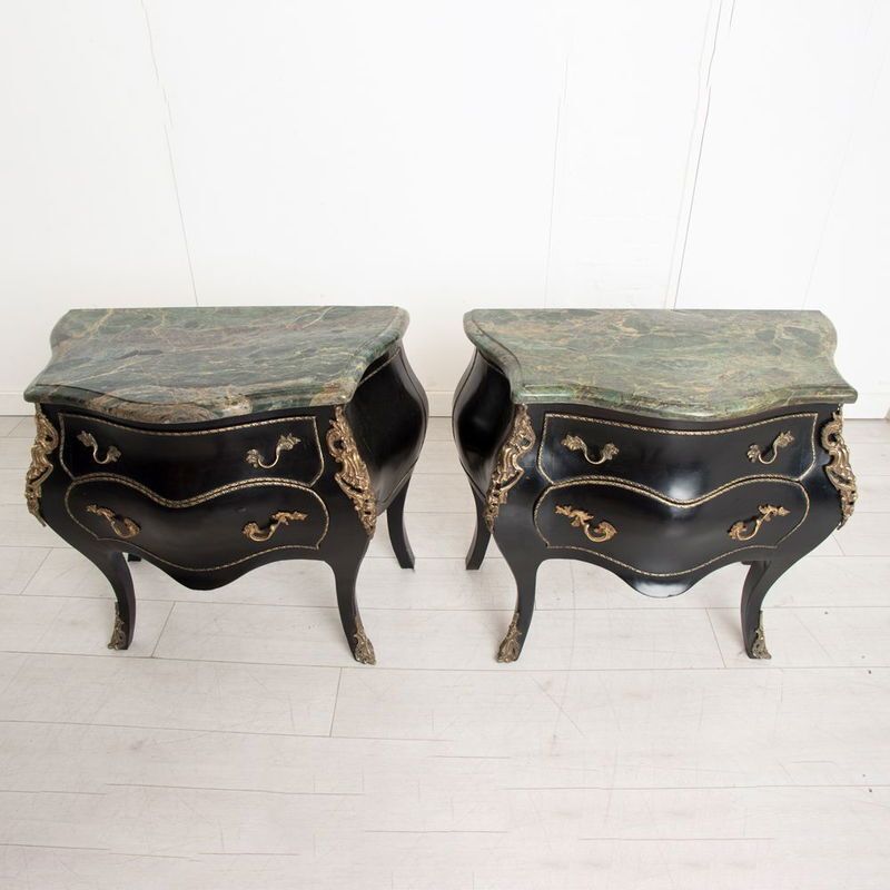 Early 20th Century Antique Pair Of Ebonised Bombe Fronted French Commodes photo for sale