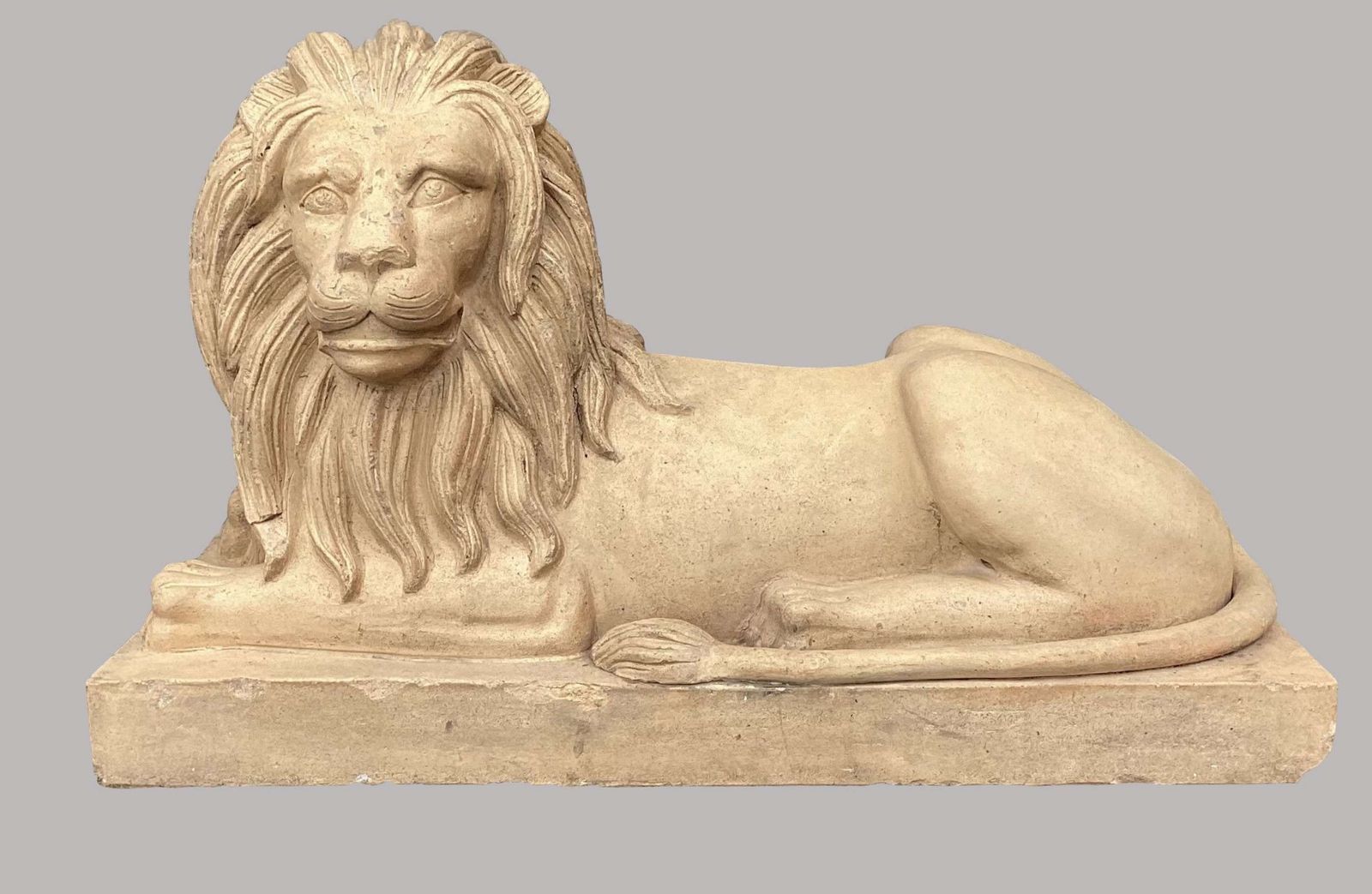Spectacular C19th Very Large Pair Of Buff Terracotta Lions photo for sale
