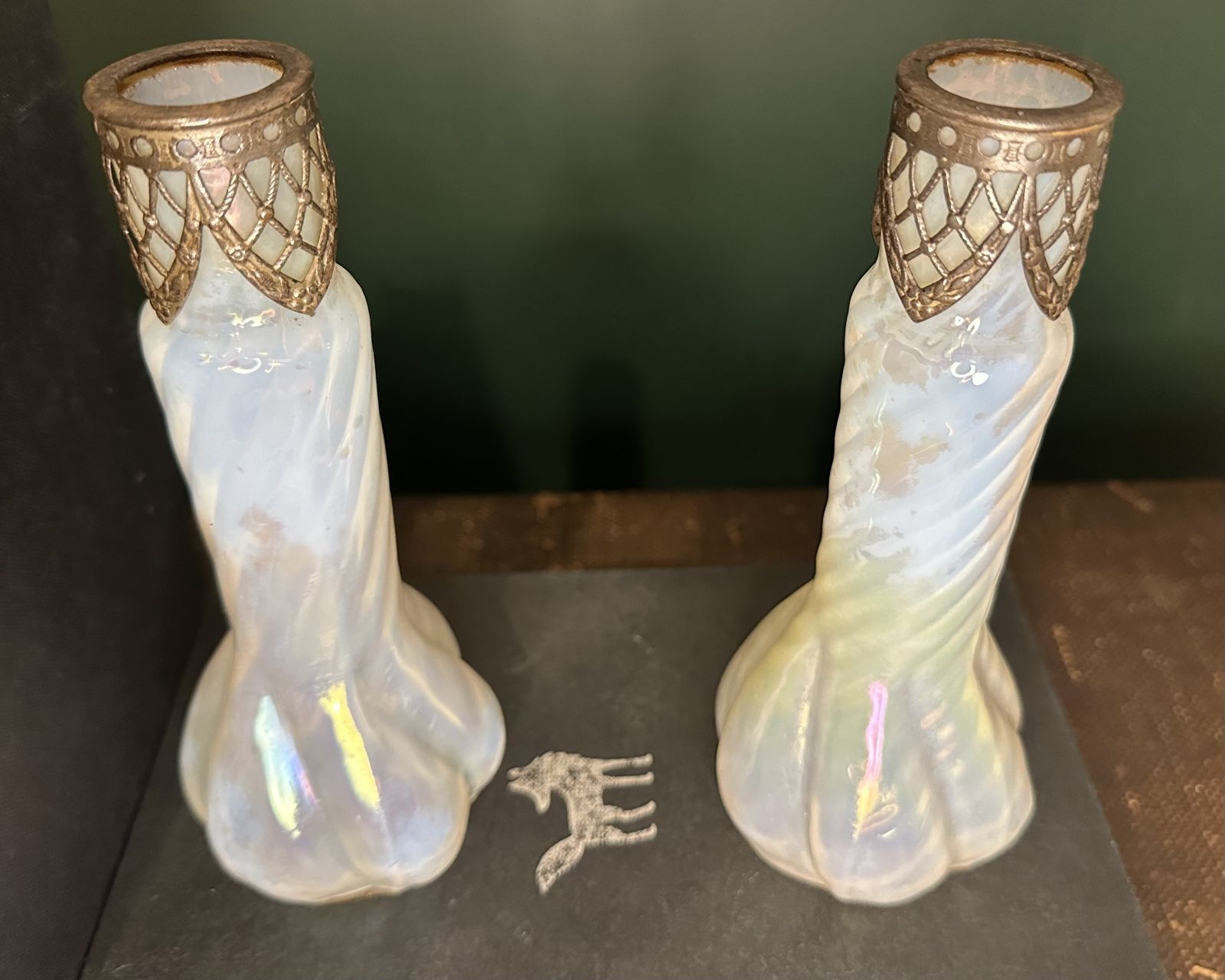A Pair Of Intricate Iridescent Art Glass Vases