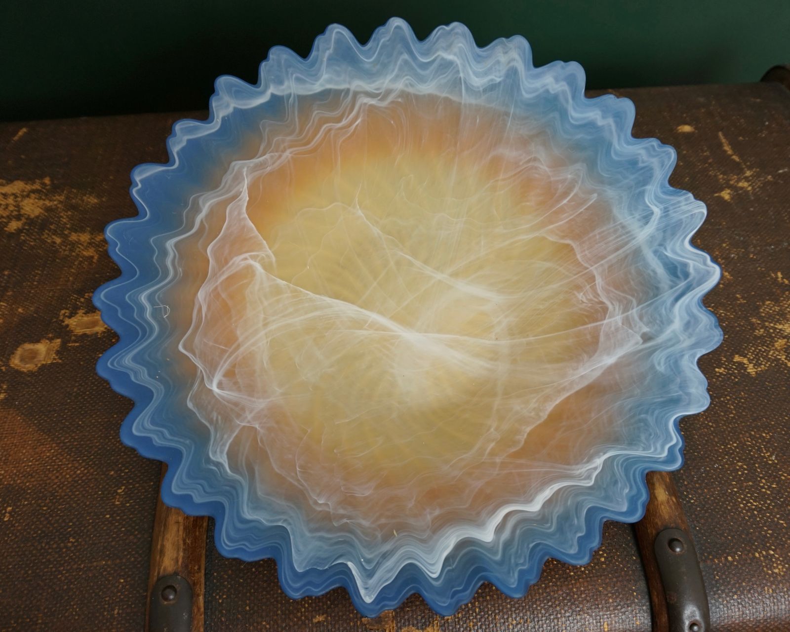 Large Art Glass Bowl, In Blue, Yellow And Orange photo furniture