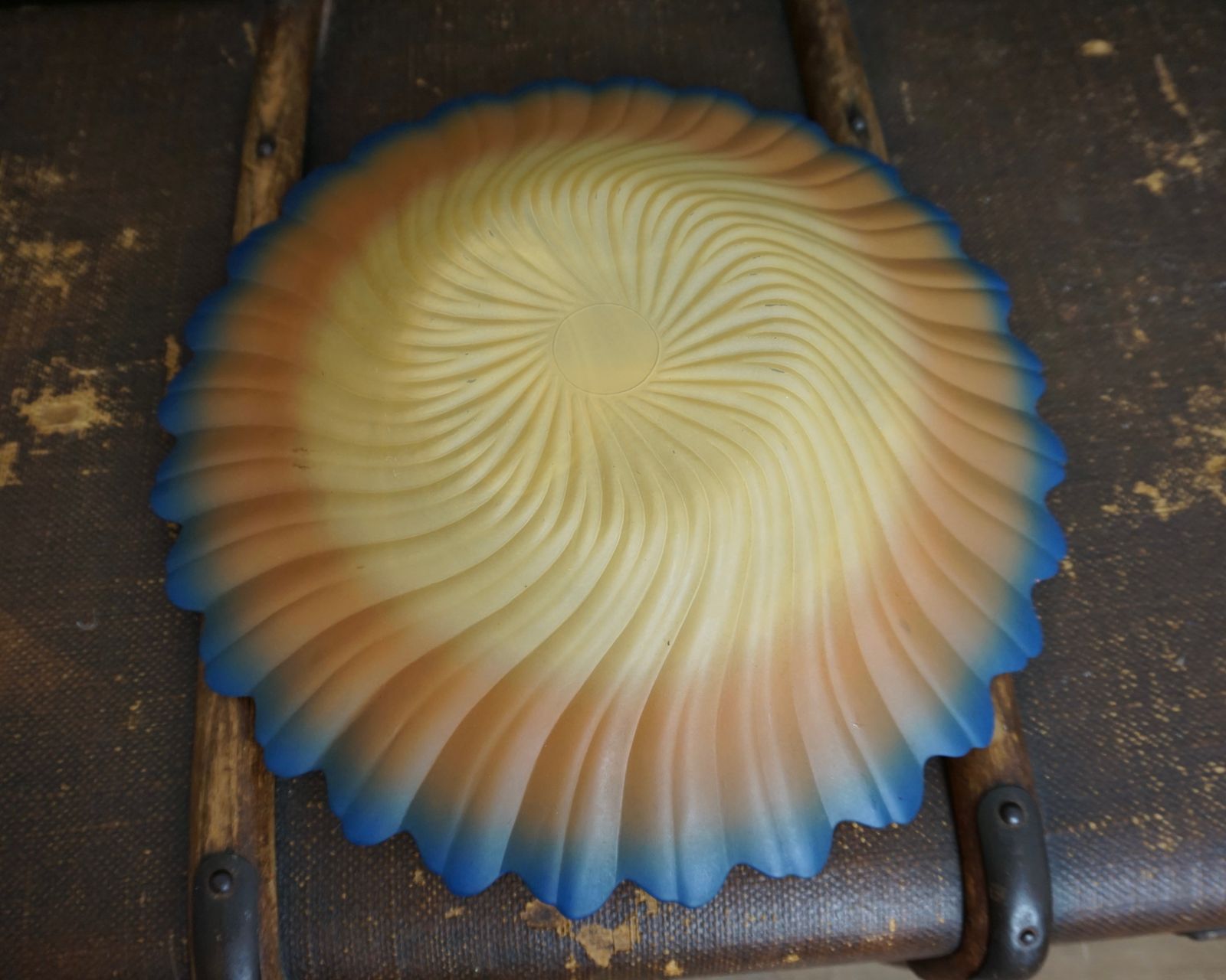 Large Art Glass Bowl, In Blue, Yellow And Orange photo Art