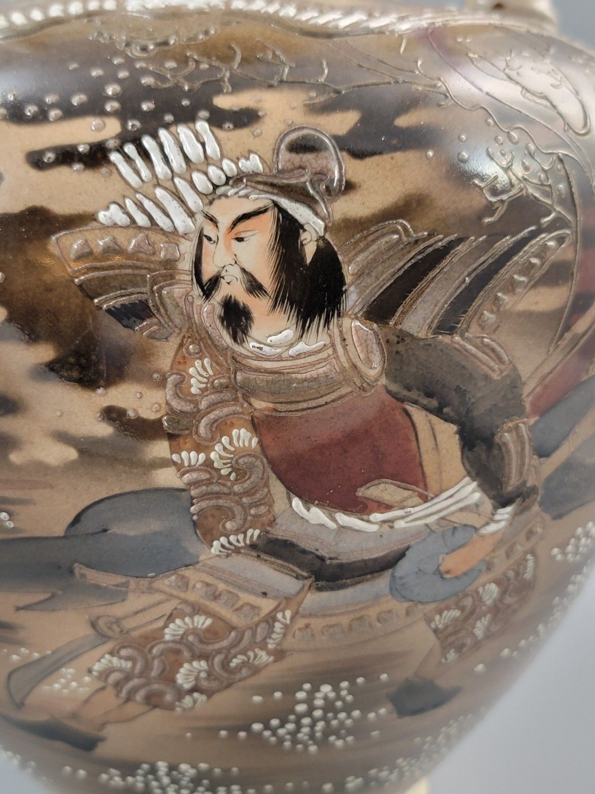 photo vintage Large Satsuma Samurai Vase By Kinkozan, Rare Bamboo Handle Form, Meiji Japan C. 1875, 38 Cm