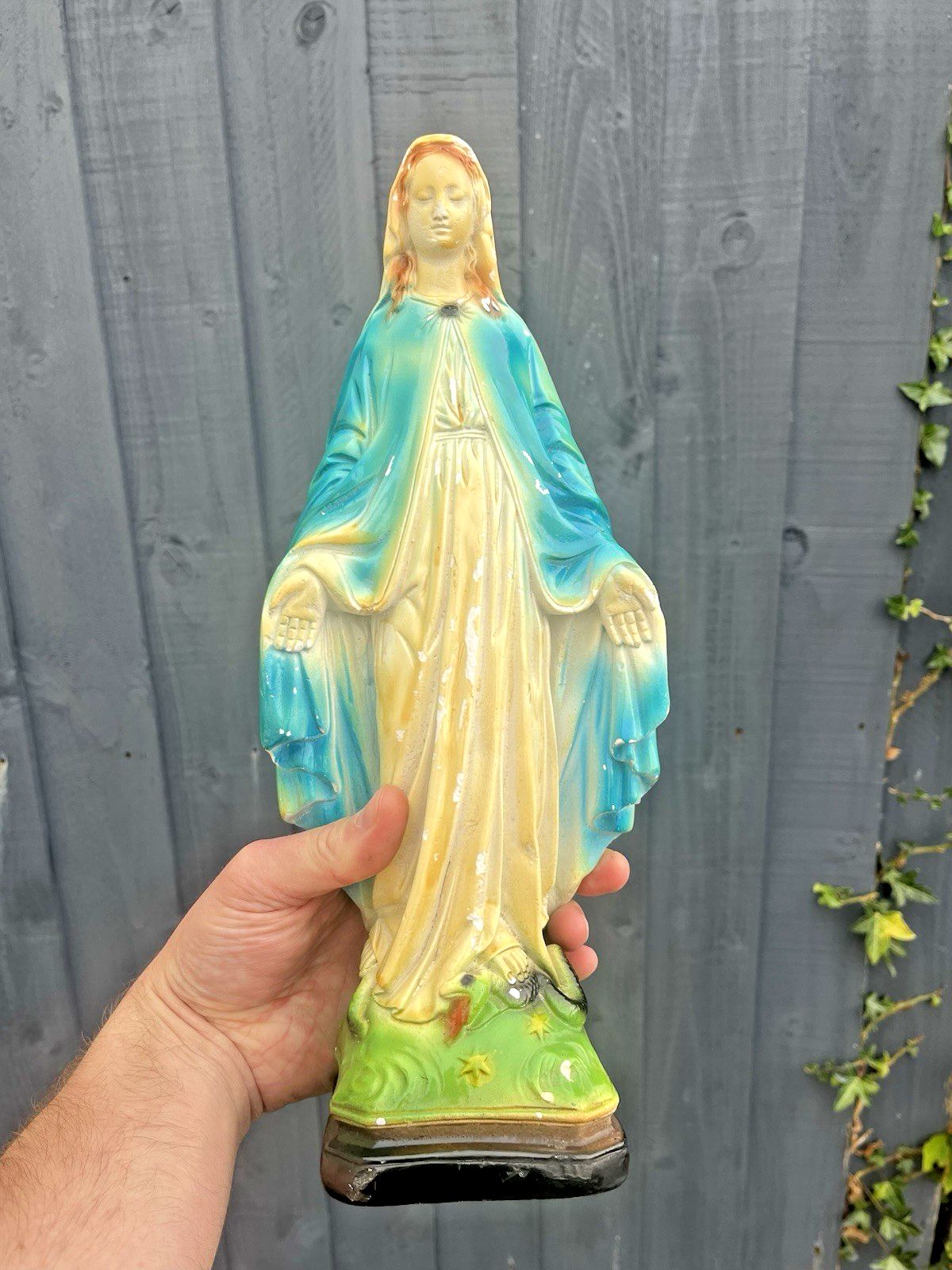 Antique 13" Italian Plaster Chalkware Virgin Mary Figurine Religious Sculpture