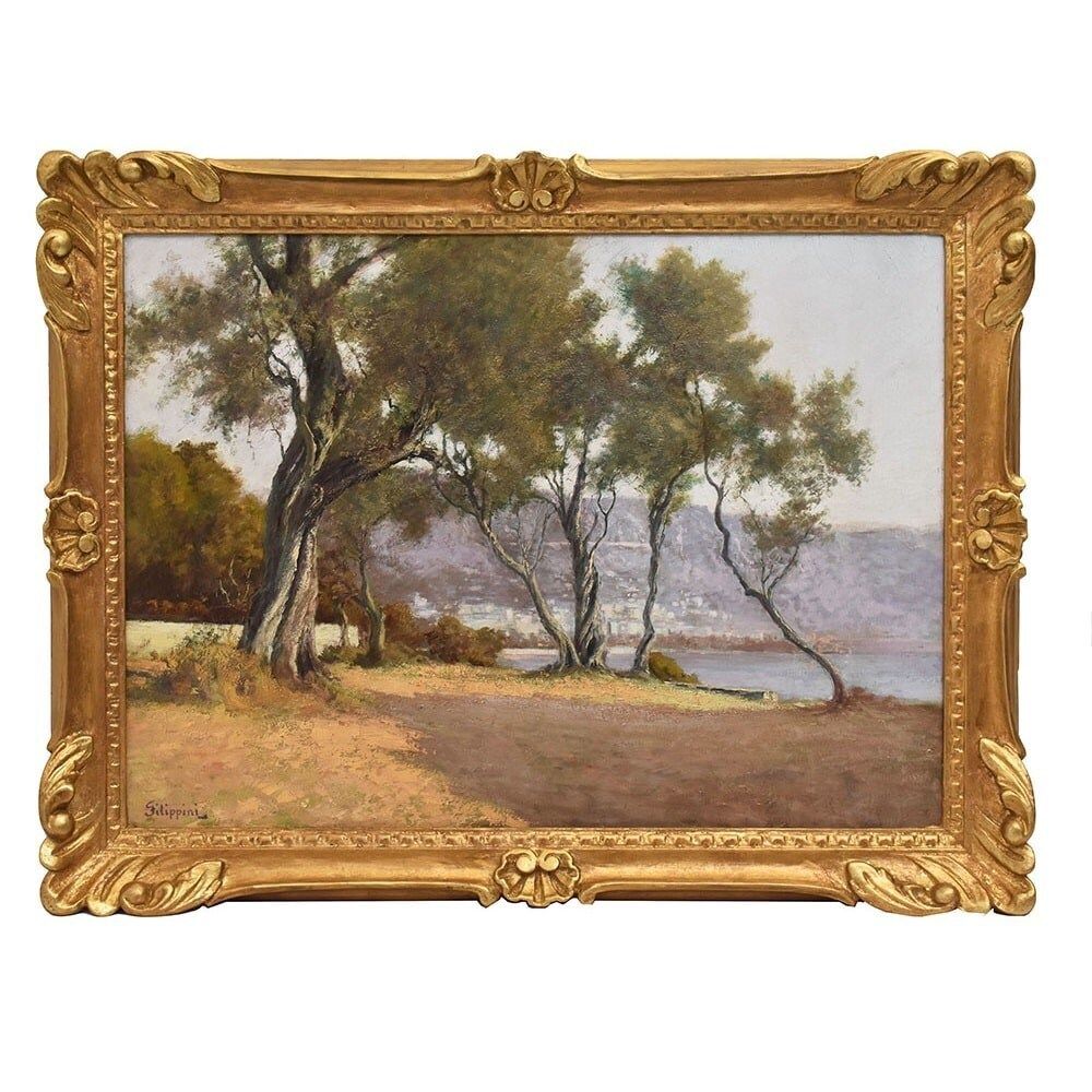 Antique Landscape Painting, Emilio Filippini, Seascape And Olive Trees, XX Century. (Qp697)