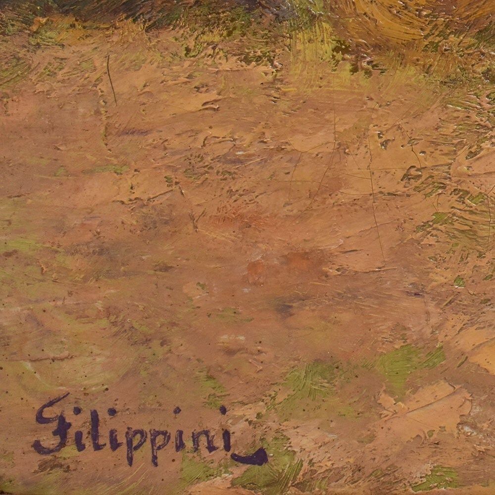 photo furniture Antique Landscape Painting, Emilio Filippini, Seascape And Olive Trees, XX Century. (Qp697)