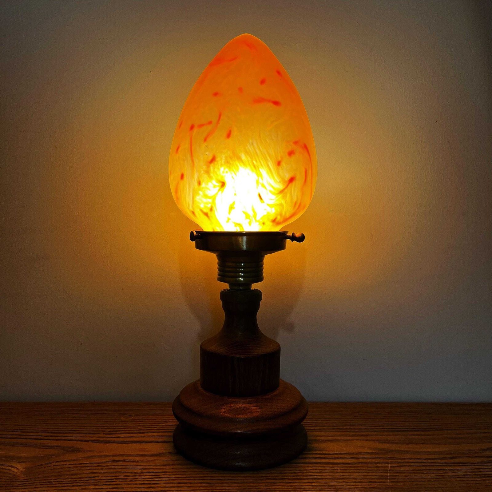 Art Nouveau Wooden Lamp With Orange Glass Teardrop Shade. photo furniture