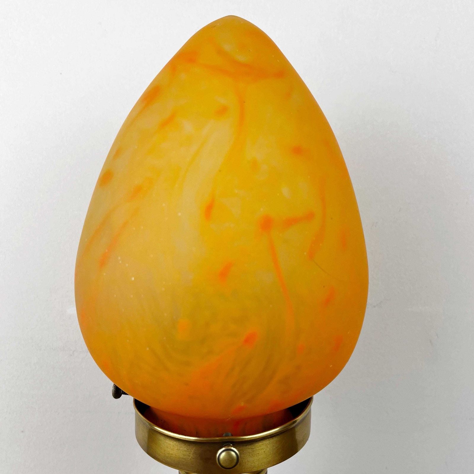 photo for sale Art Nouveau Wooden Lamp With Orange Glass Teardrop Shade.