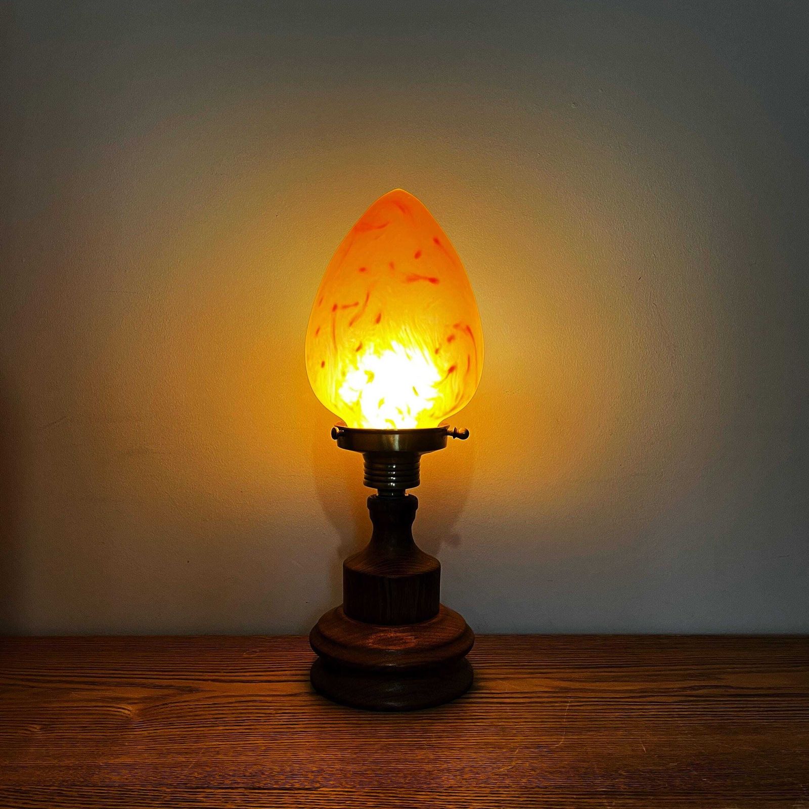 photo buy Art Nouveau Wooden Lamp With Orange Glass Teardrop Shade.