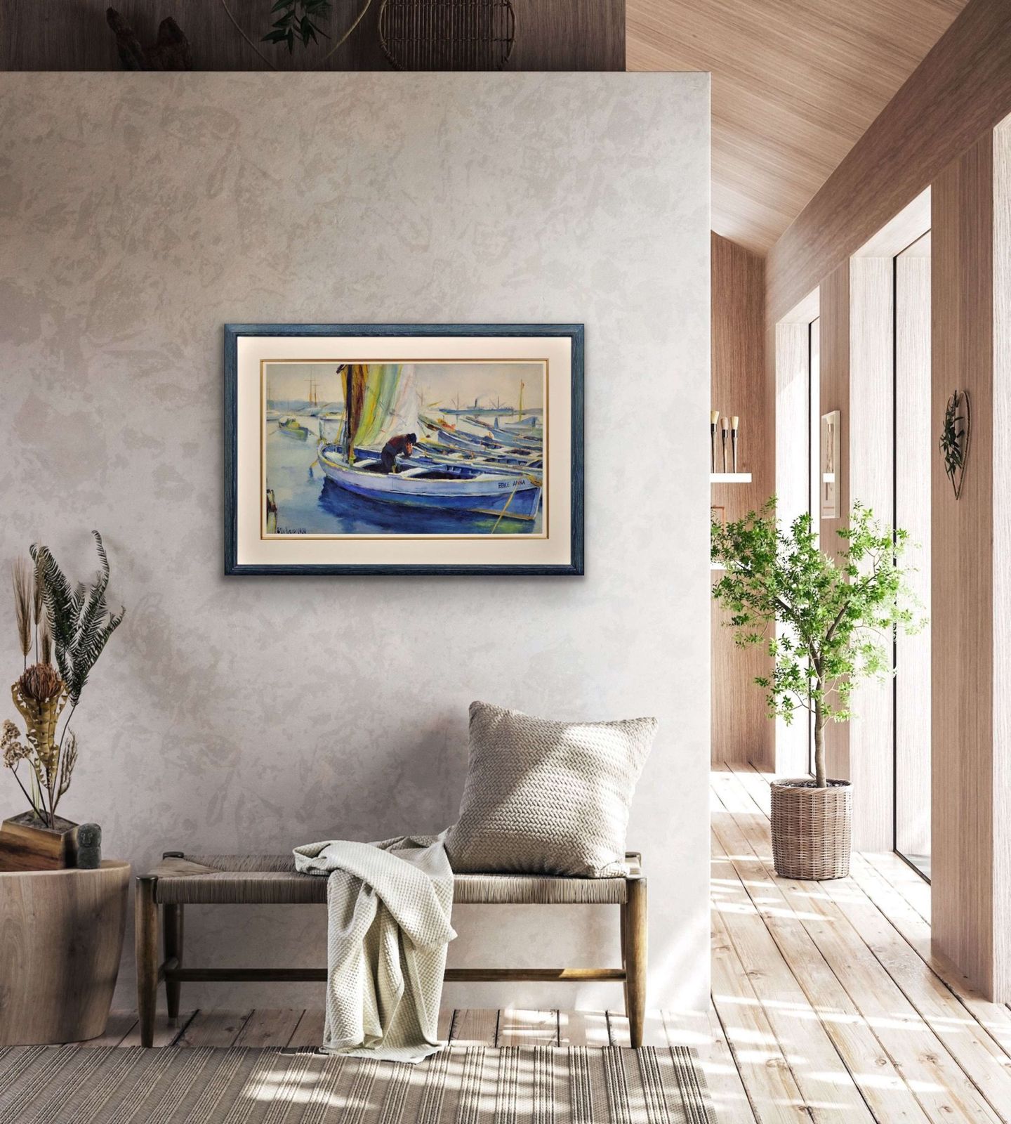 photo furniture Paul Delvaux. La Belle Anna, La Port De Cannes, 1930. Cote D' Azur Watercolour Painting.