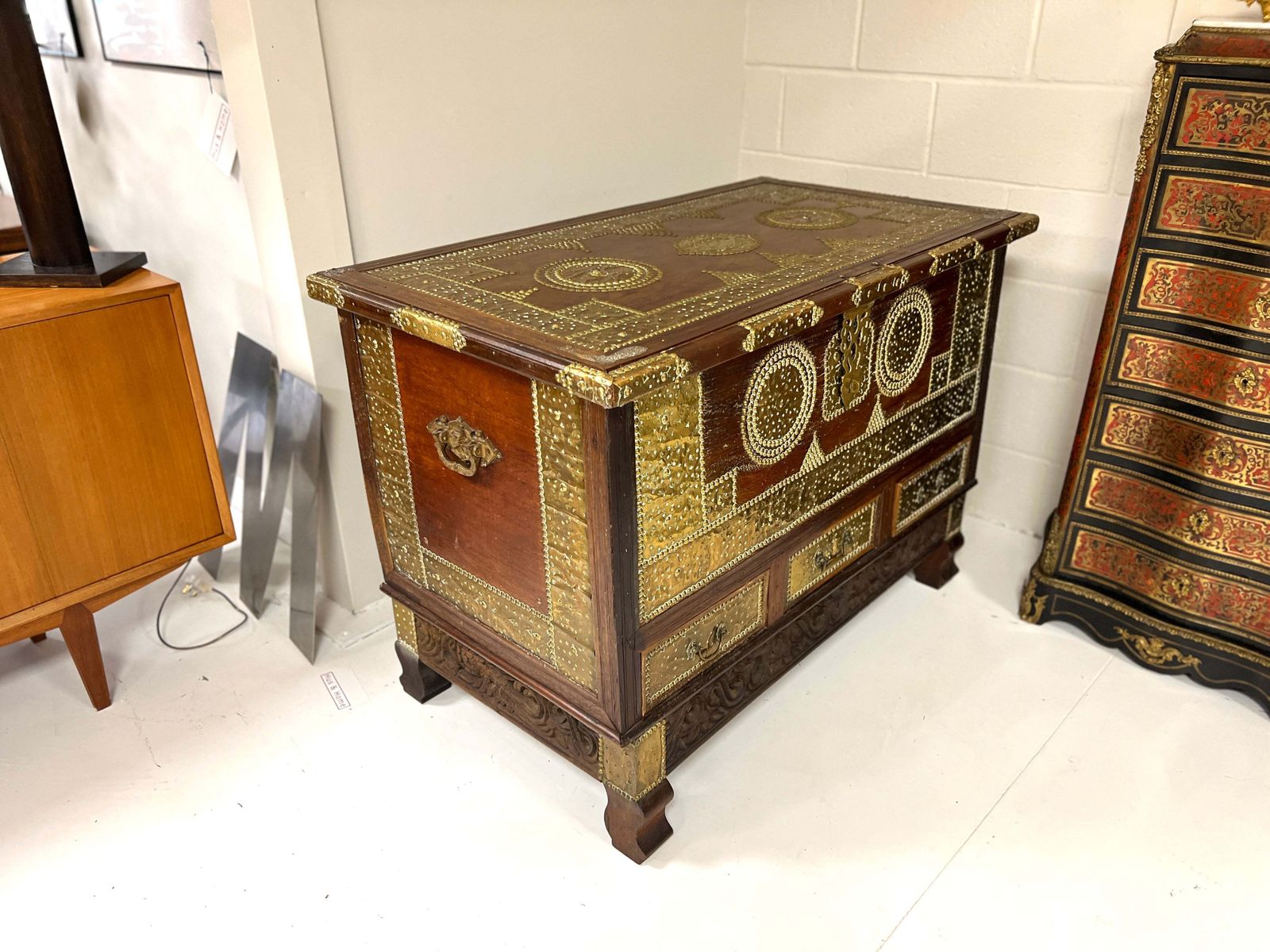 A Large 19th Century Teak And Brass Inlaid Zanzibar Chest On Stand photo for sale