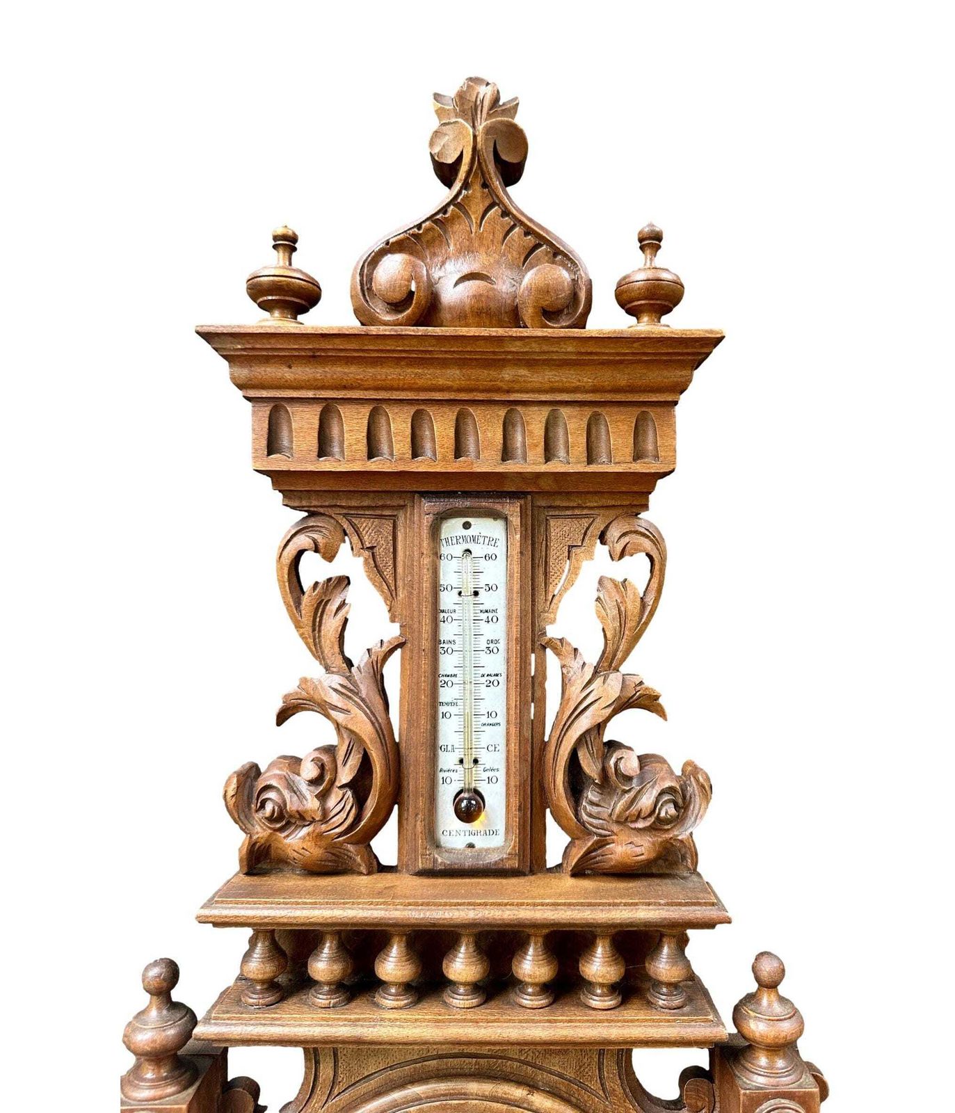 French 1900 Belle époque Carved Wood Barometer Thermometer, H. Doninelli Nice, Antique Wall Weather Station, French Home Decor photo for sale