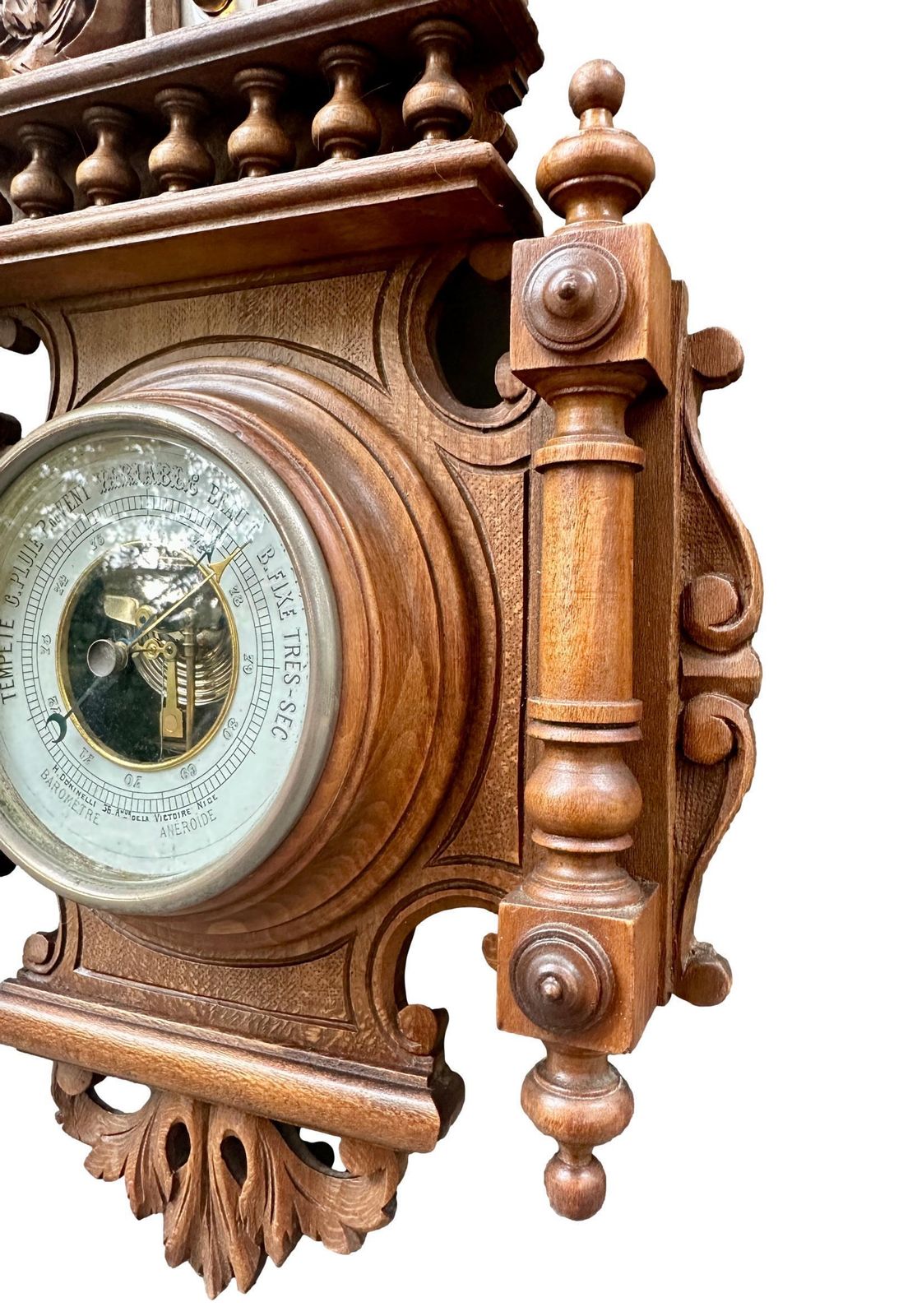 photo for sale French 1900 Belle époque Carved Wood Barometer Thermometer, H. Doninelli Nice, Antique Wall Weather Station, French Home Decor