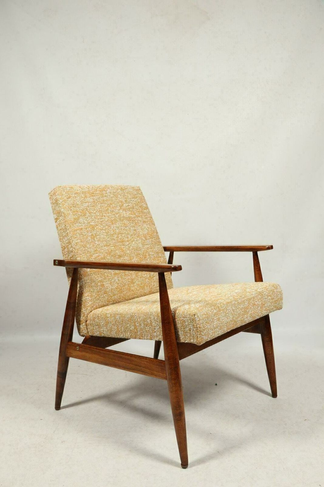 Vintage Armchair Yellow Mellow Fabric Natural Wood Mid Century Modern Design photo furniture