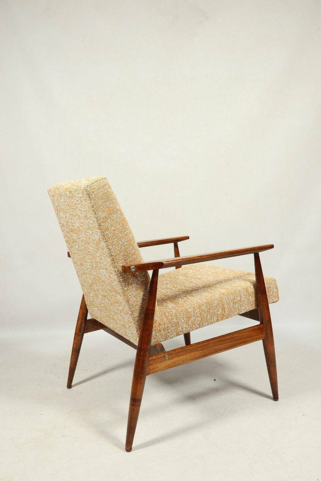 Vintage Armchair Yellow Mellow Fabric Natural Wood Mid Century Modern Design photo for sale