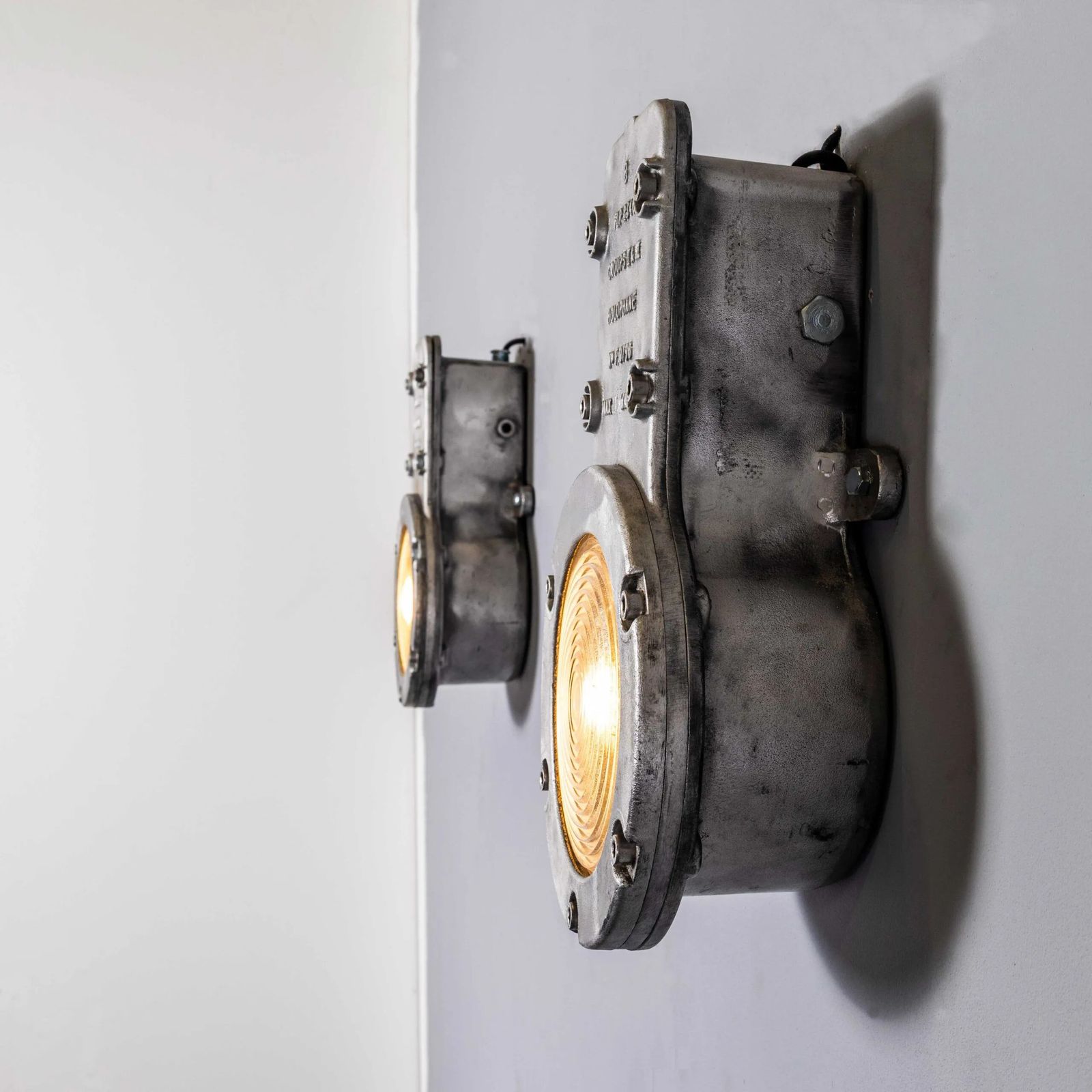 photo for sale 1950’s Holophane Large Cast Bulkhead Lamp – Pair