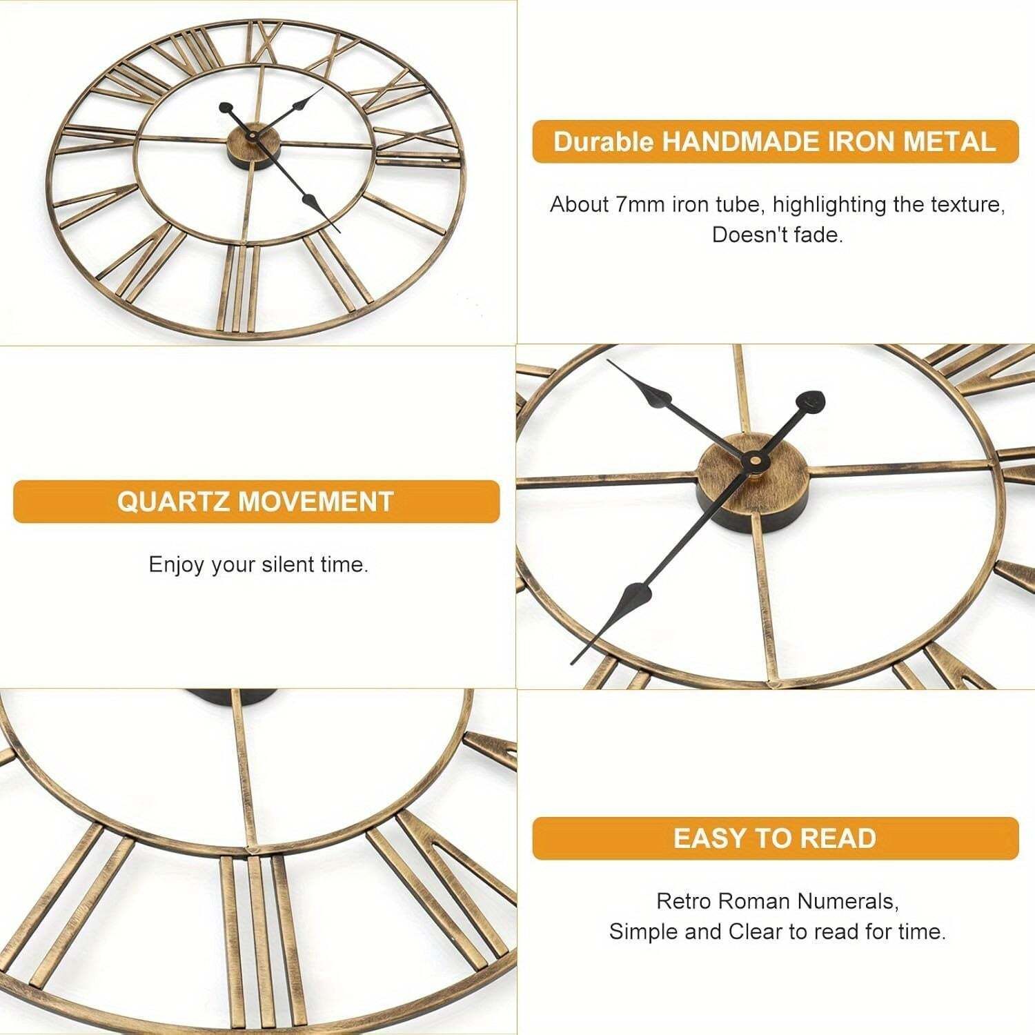Vintage Metal Wall Clock Silent Roman Numerals photo 92.0