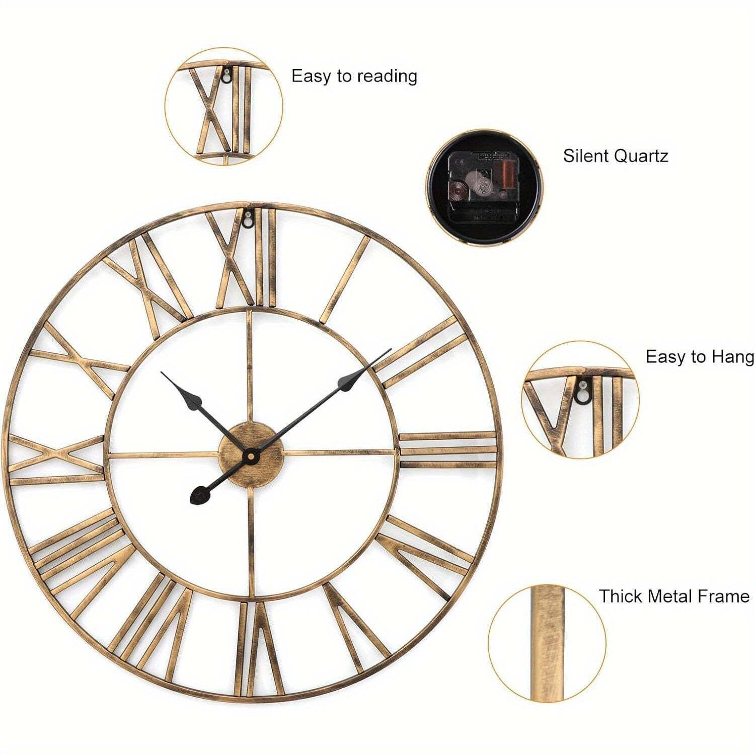 Vintage Metal Wall Clock Silent Roman Numerals photo vinterior