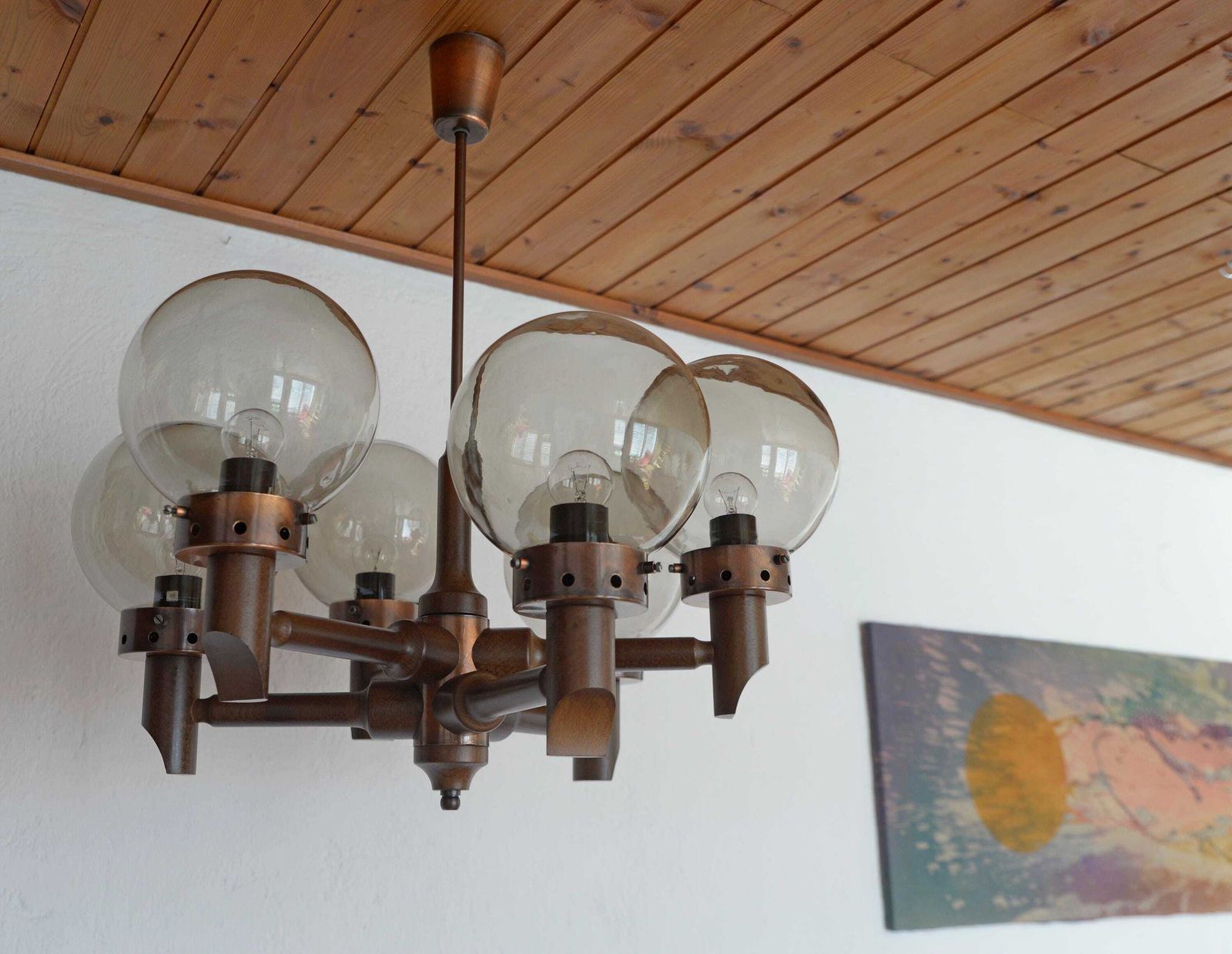 Large Vintage Chandelier / Wooden Hanging Lamp / Yugoslavia 1970 / Mid Century Rustic / Medieval Style Light Fixture / Copper Ceiling Light photo for sale