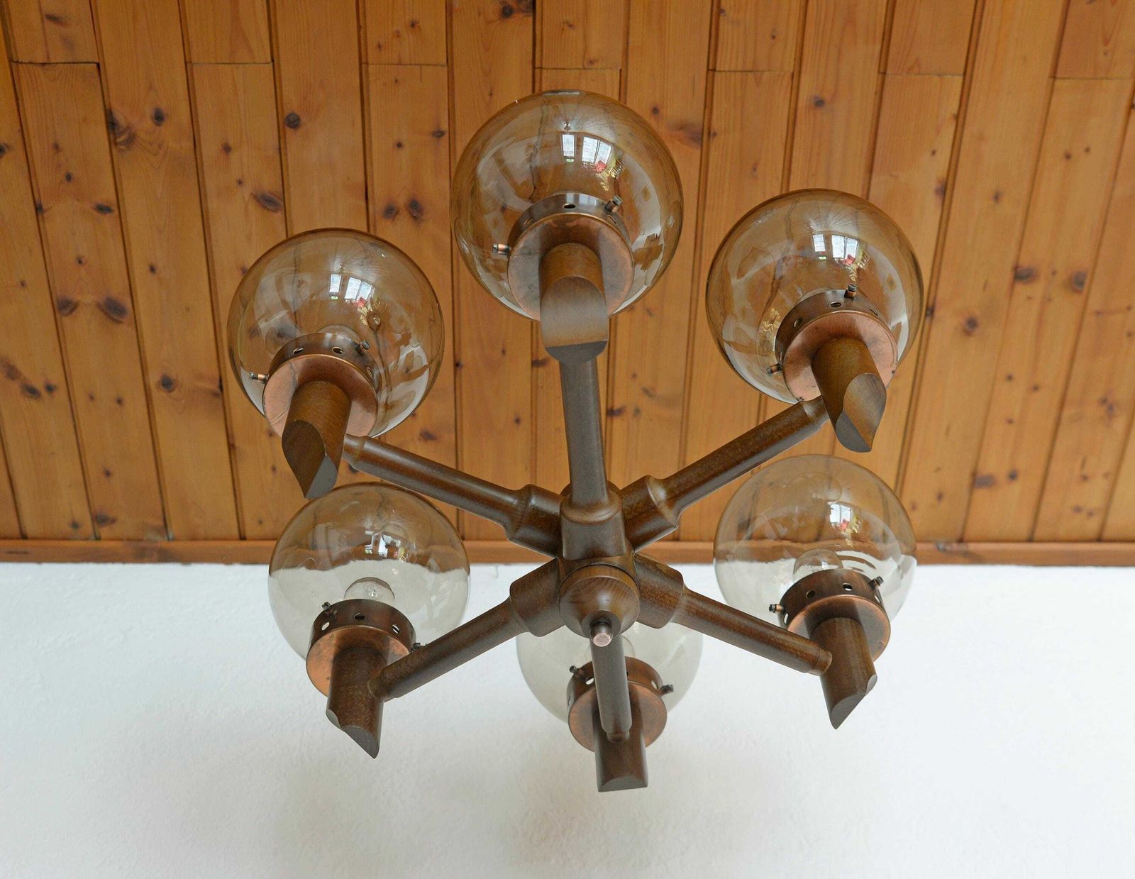 Large Vintage Chandelier / Wooden Hanging Lamp / Yugoslavia 1970 / Mid Century Rustic / Medieval Style Light Fixture / Copper Ceiling Light photo 375.0