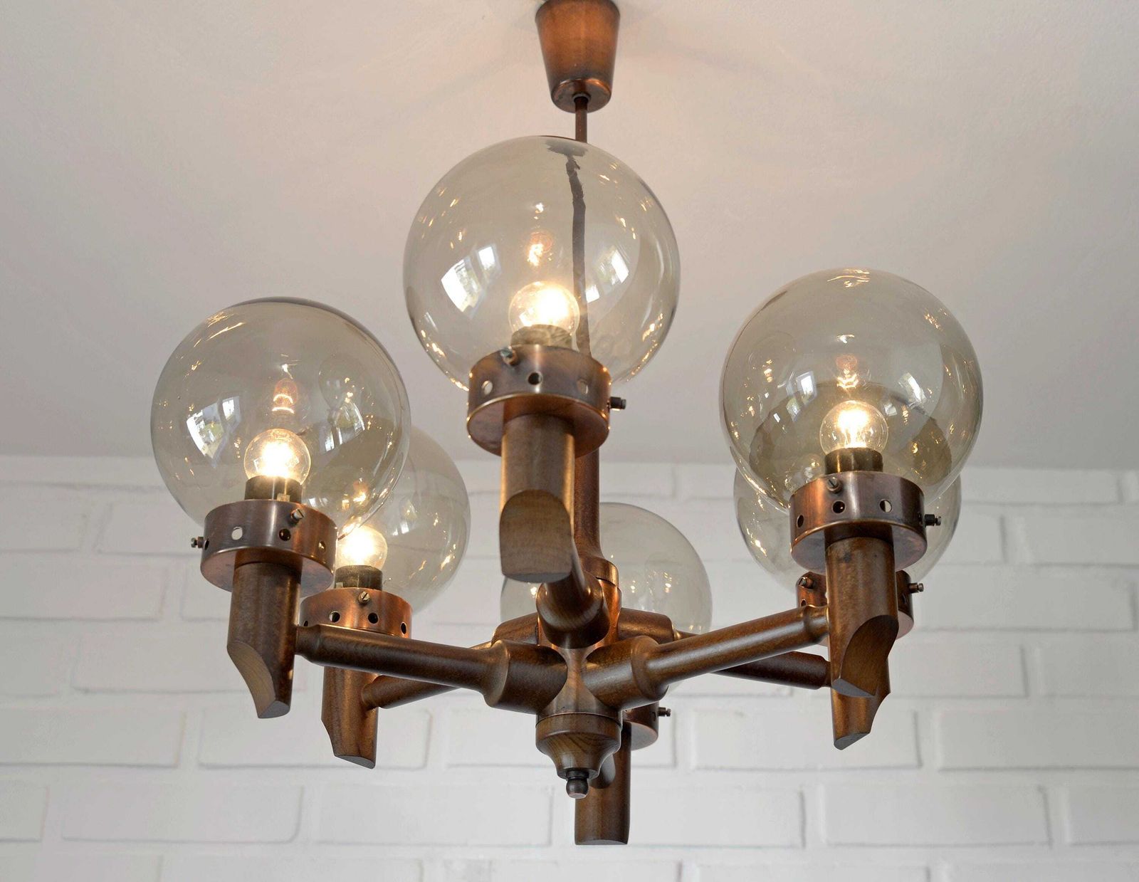 Large Vintage Chandelier / Wooden Hanging Lamp / Yugoslavia 1970 / Mid Century Rustic / Medieval Style Light Fixture / Copper Ceiling Light photo vinterior