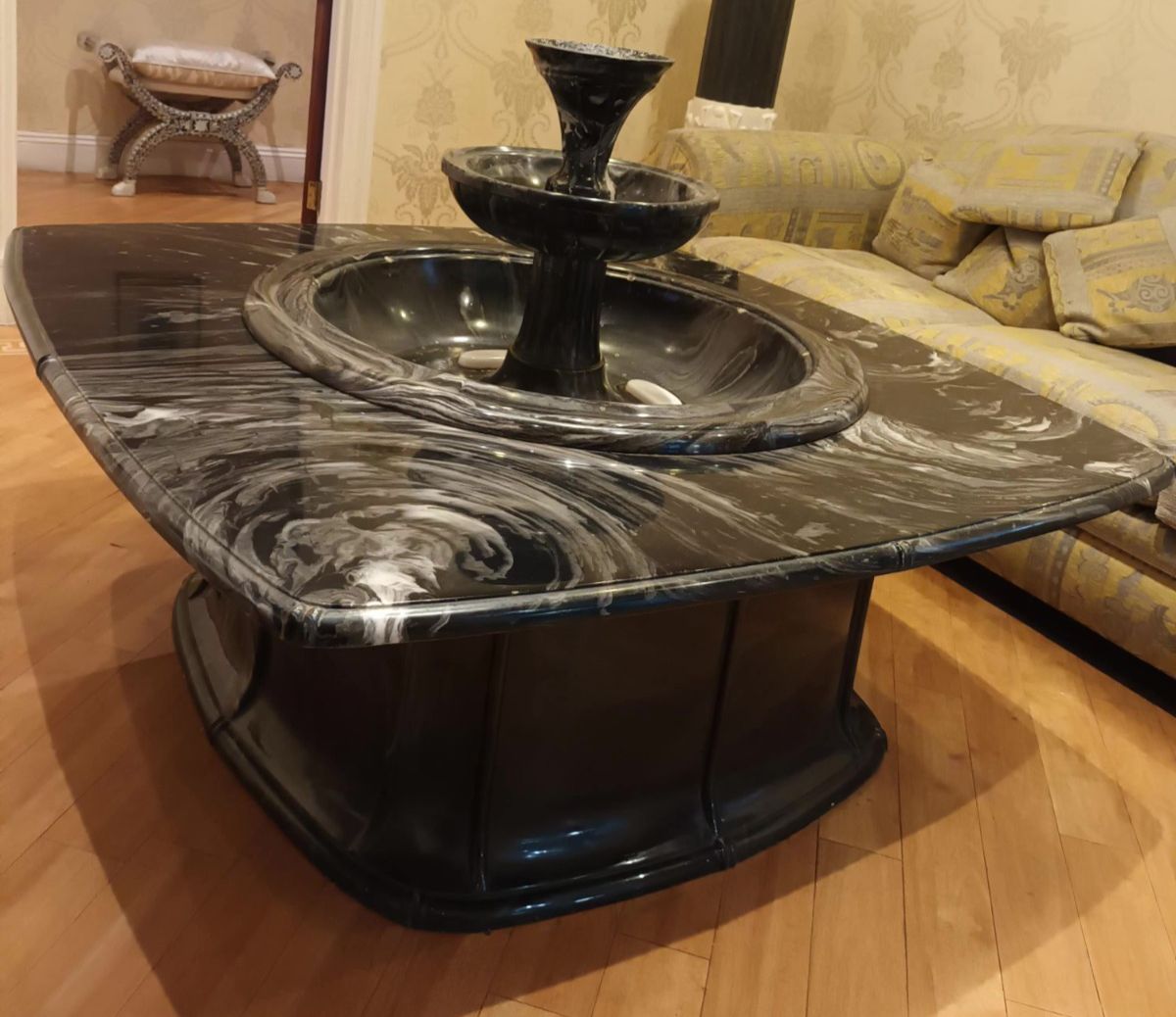 Grand Alabaster Marble One Of A Kind Fountain Table For Indoor Usage With Lights photo Lighting