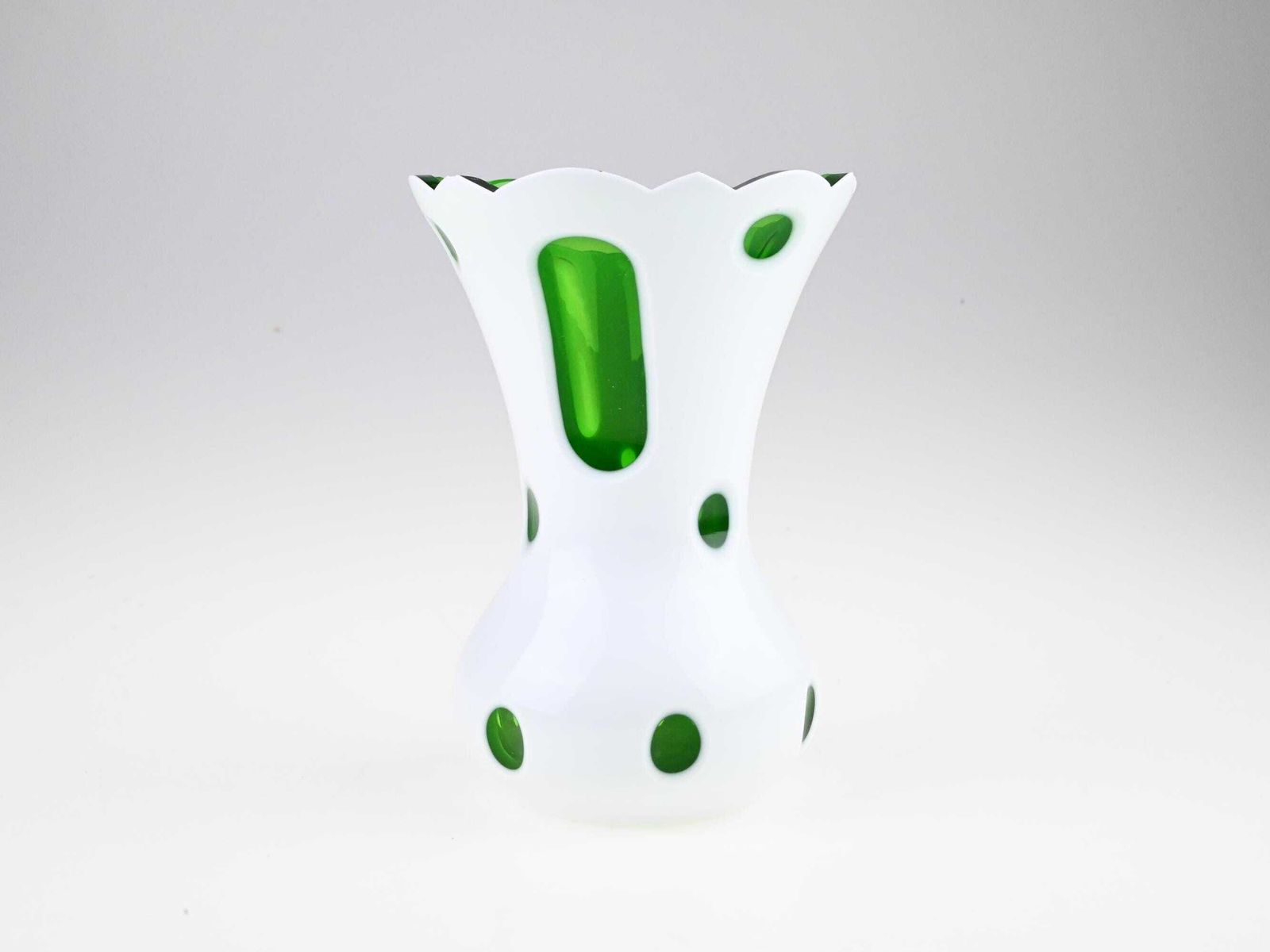 Antique Glass Vase With Green Spots And Cut Outs, Green And White Glass Vase, Czech Glass Vase, Mid Century Vase, Glass Vase, Handmade Vase photo vinterior
