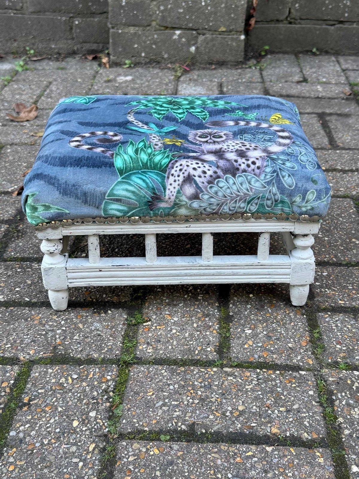 Vintage Reupholstered Stool With Botanical Animal Print Fabric – Distressed Painted Wooden Frame / Eclectic Footstool Or Accent Seat, Lemurs photo for sale
