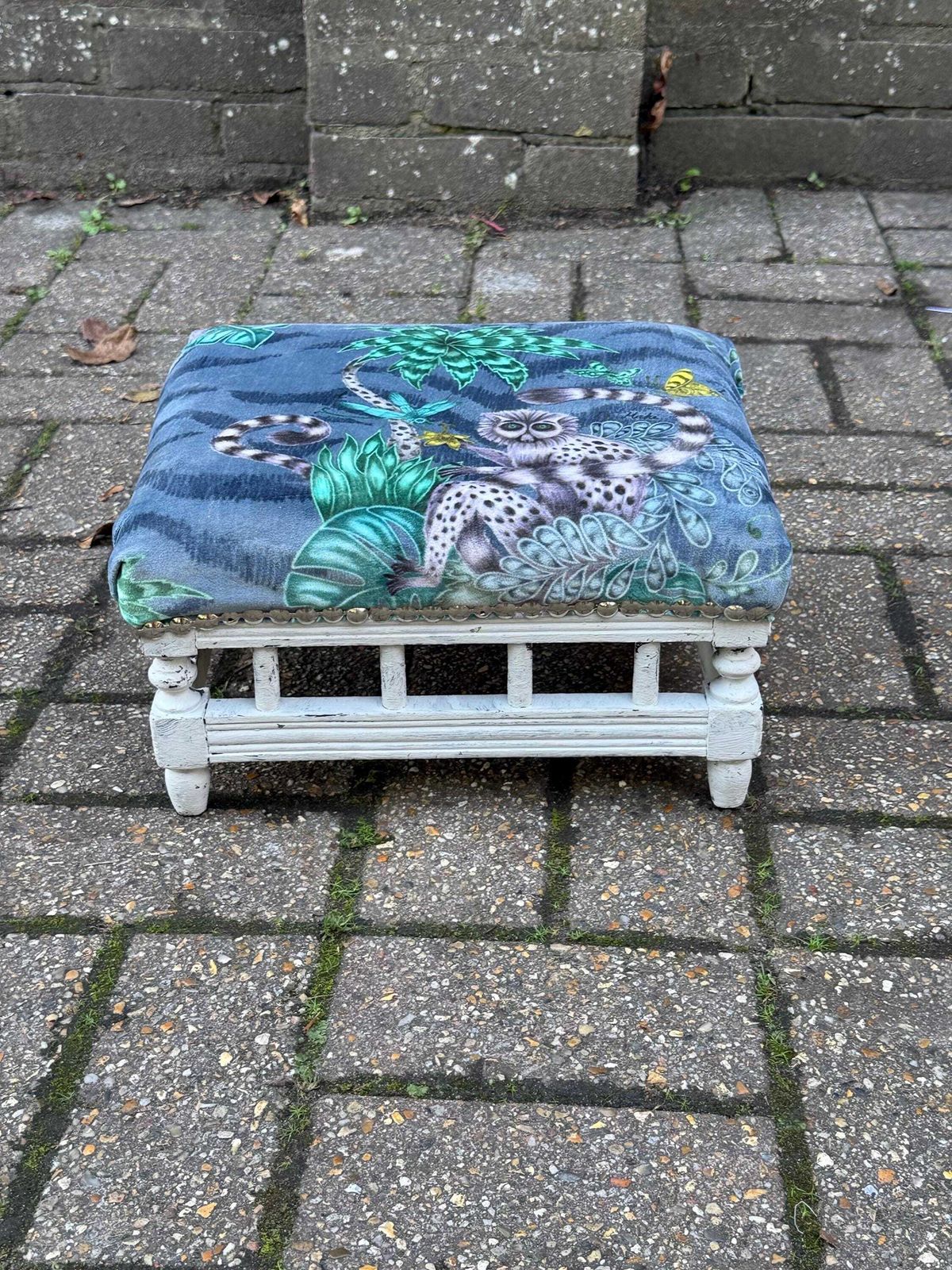 Vintage Reupholstered Stool With Botanical Animal Print Fabric – Distressed Painted Wooden Frame / Eclectic Footstool Or Accent Seat, Lemurs photo vinterior