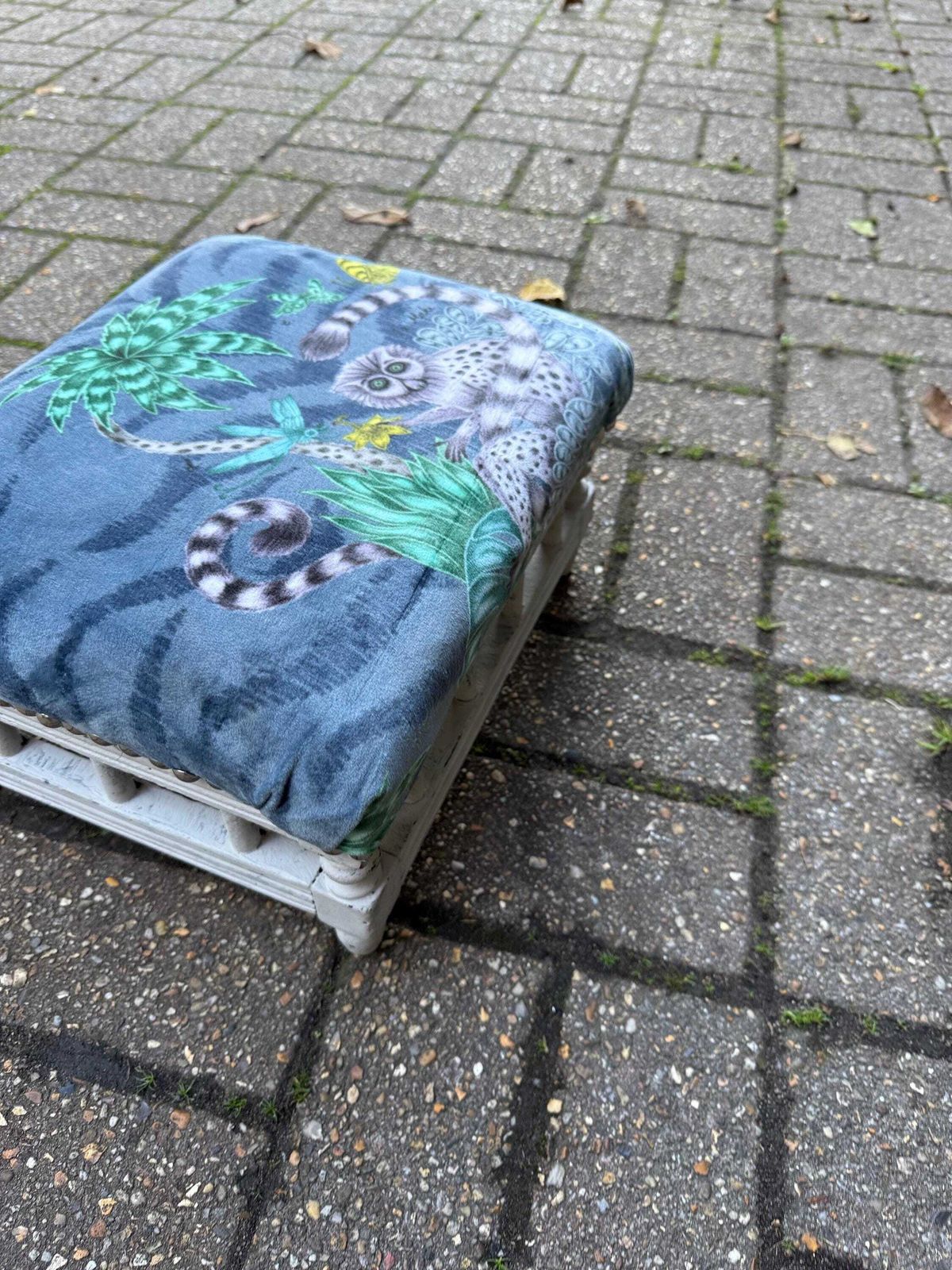 75.0 Vintage Reupholstered Stool With Botanical Animal Print Fabric – Distressed Painted Wooden Frame / Eclectic Footstool Or Accent Seat, Lemurs photo